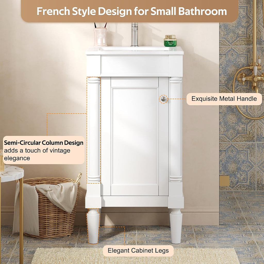 Virubi 18 Inch Bathroom Vanity with Sink, Small Bathroom Vanity for Powder Room, Adjustable Shelf and Soft-Close Door, Solid Wood Frame Bathroom Storage Cabinet(White)