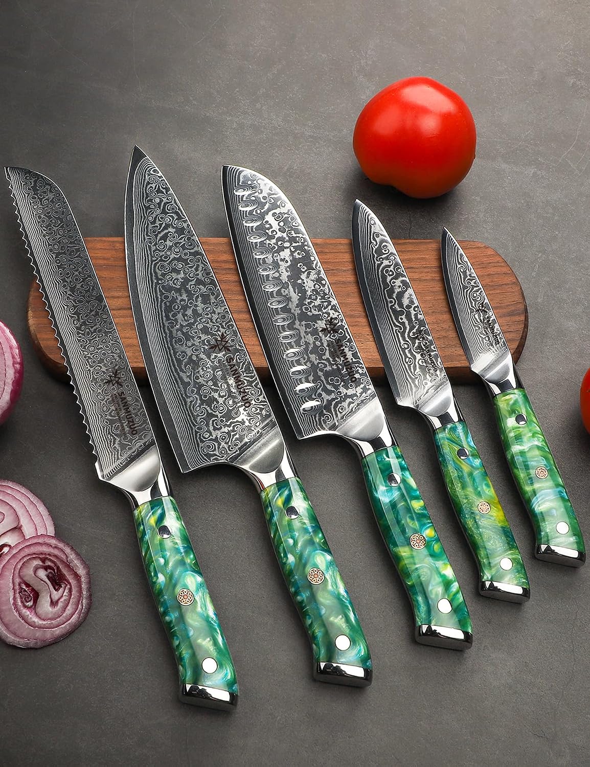 Chef Cooking Knives Set- Kitchen Knife Set of 5 Piece - Ultra-Sharp VG10 Damascus Steel & Resin Handle - Xuan Series (Jade Green)