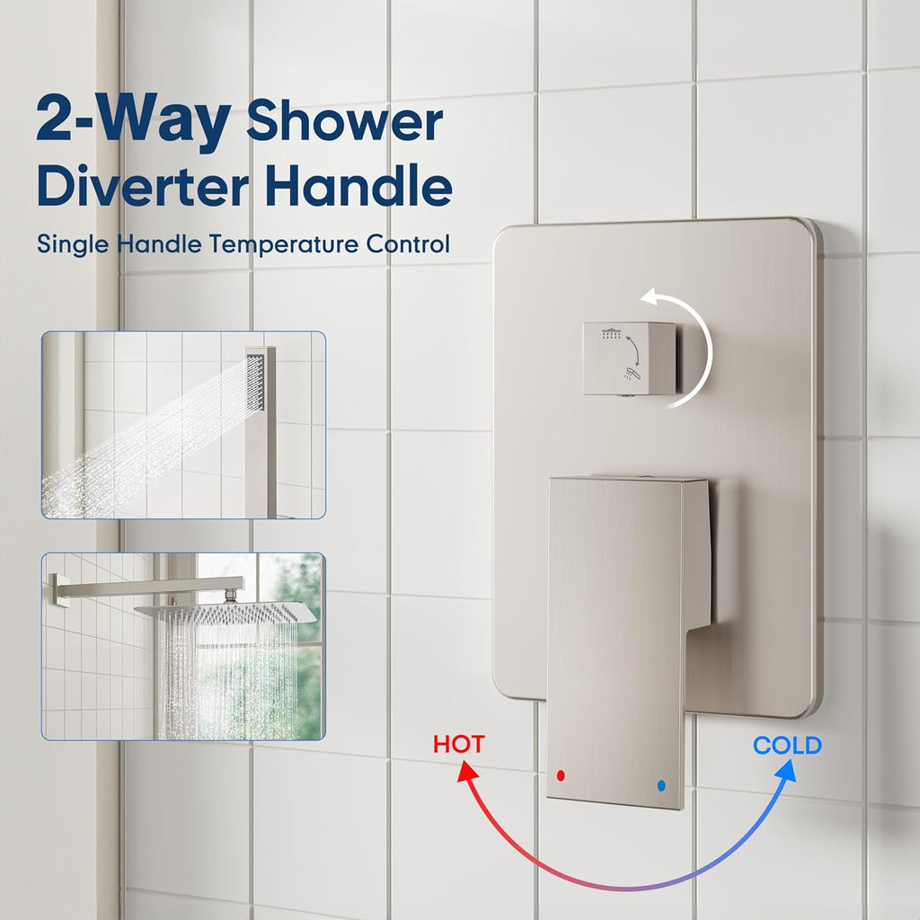 ESNBIA Shower System, 12 Inches Pressure Balance Shower Faucet Set, Rain Shower Heads with Handheld Spray Combo, High Pressure Rainfall Shower Head System, Wall Mounted Shower Fixtures, Brushed Nickel