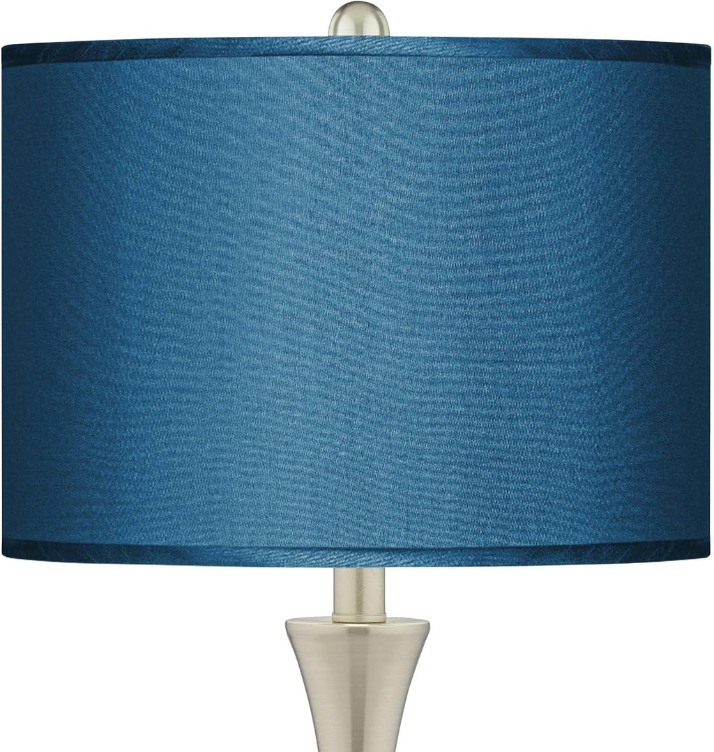 Possini Euro Design Modern Table Lamps 24' Tall Set of 2 Brushed Nickel Silver Metal LED Touch On Off Blue Faux Silk Drum Shade for Bedroom Living Room House Home Bedside Nightstand Office Family