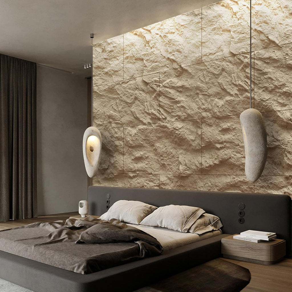 KASARO 3D Faux Stone Wall Panels, 4 PCS PU Wainscoting Panel for Interior Wall Decor, Cement Texture Thicker Accent for Home, Office, 43.3 × 23.6 inch, Golden Hemp
