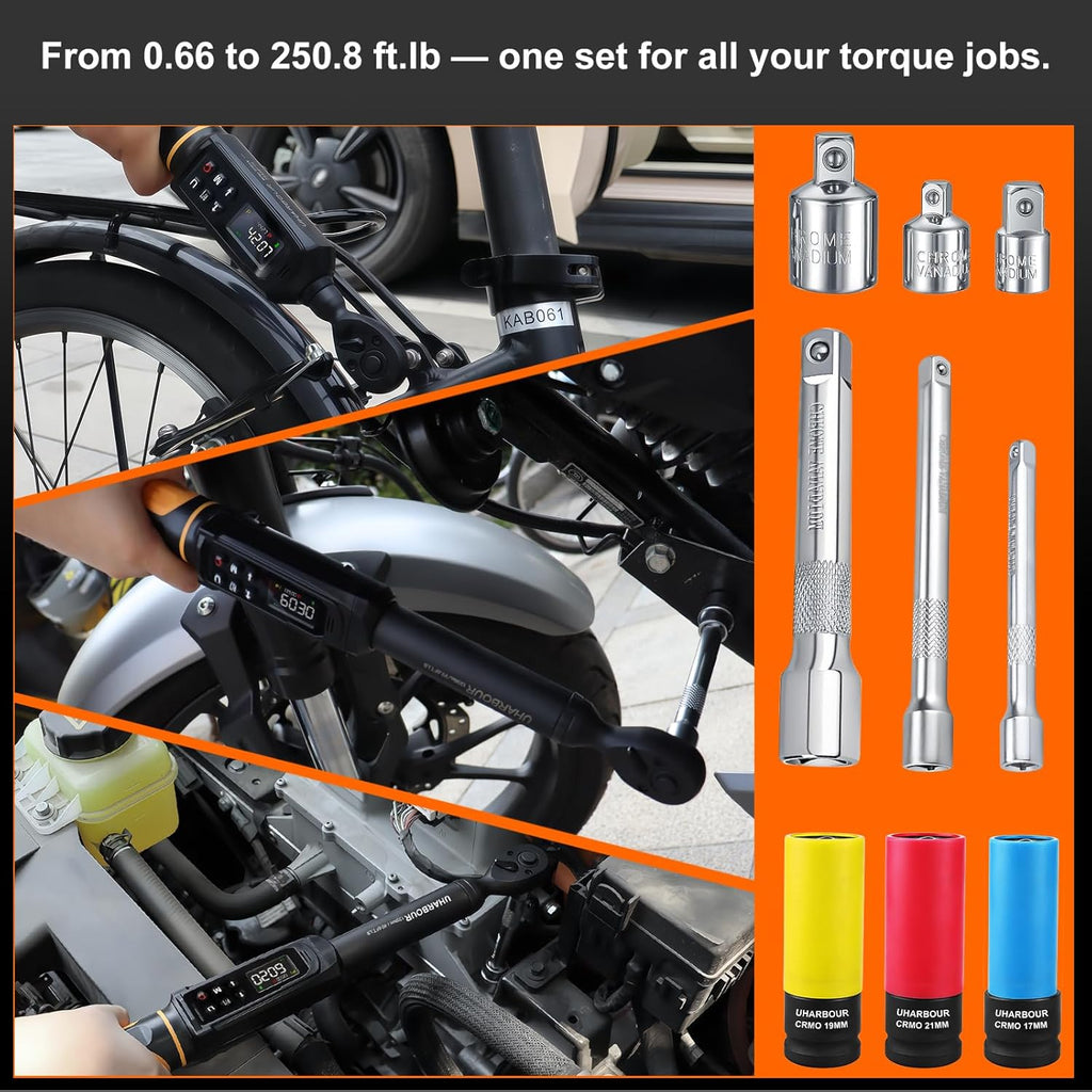 Digital Torque Wrench Set, 1/2'&3/8' Torque Wrench Digital with Dual Direction Ratchet, 3.8-250.8 Ft.lb & 0.66-44.29Ft.lbs Range, ±1% Accuracy with Vibration, Buzzer and LED Alert