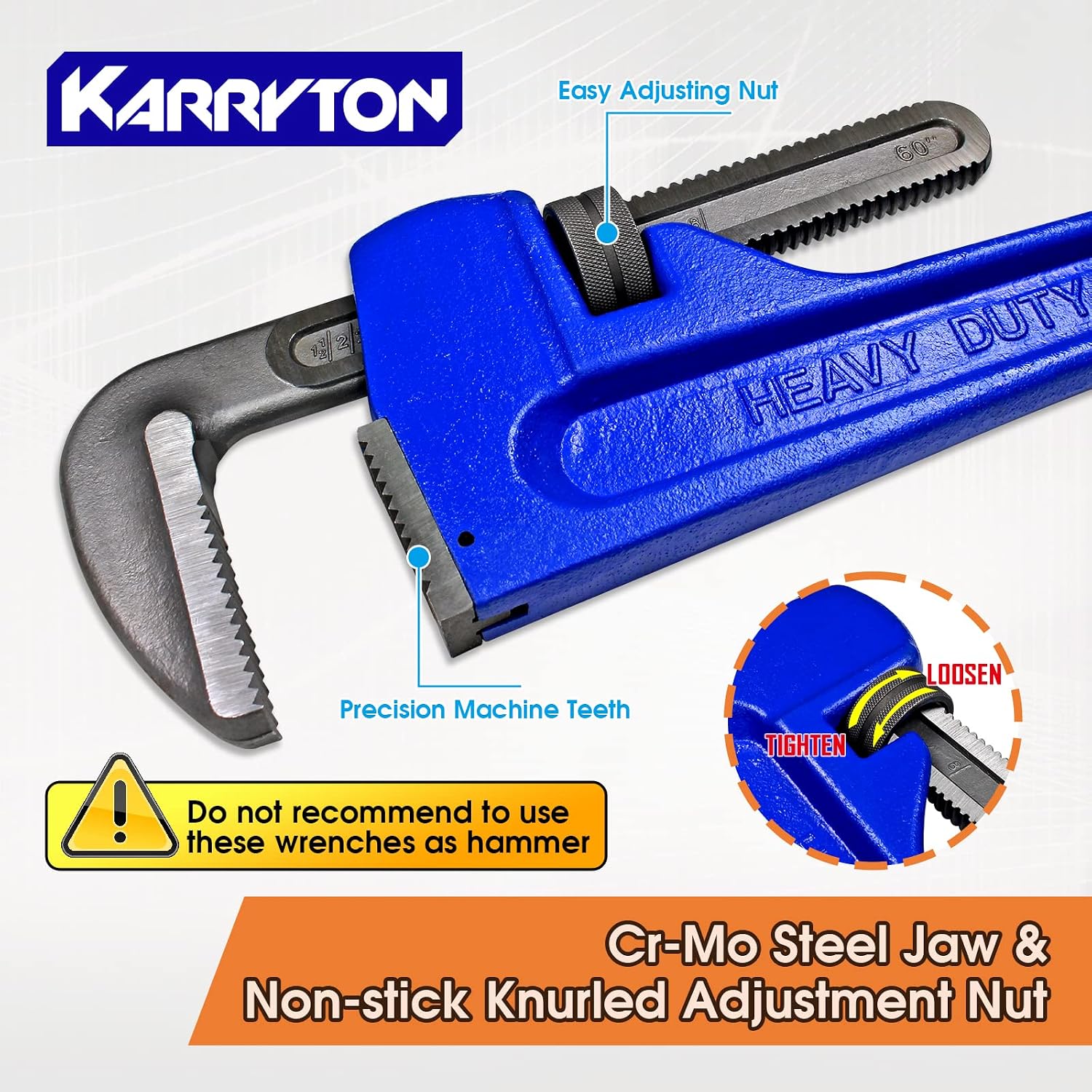 60 Inch Pipe Wrench, Cr-Mo Jaw Opening 9'/228mm Adjustable Heavy Duty Cast Iron Straight Handle Plumbing Wrench, Perfect Plumbers Tool for Oil Field, Plumbing, Construction and Mechanics
