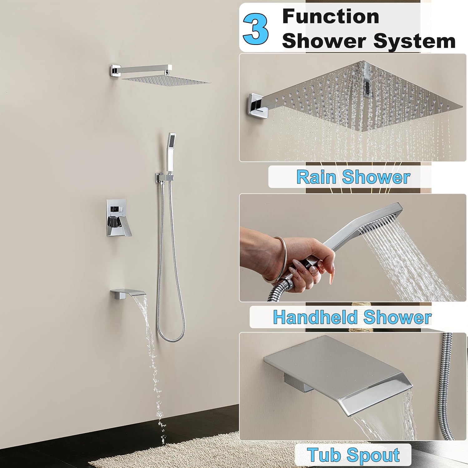 Polished Chrome Shower System with 12-Inch Rain Showerhead and Tub Spout | cUPC-certified pressure balance brass valve to prevent scalding, CEC-certified air injection technology for low pressure