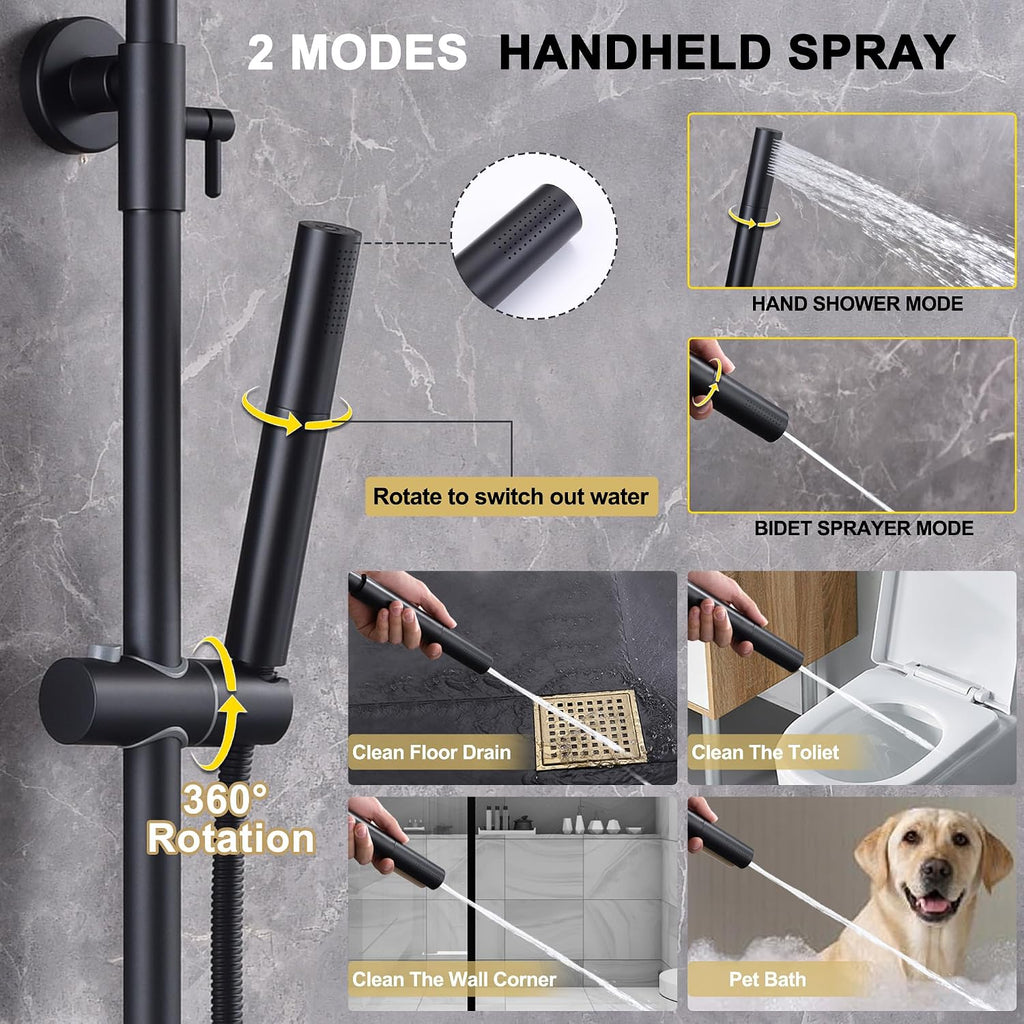 Matte Black Exposed Shower System with 2 Modes HandHeld,3 Functions Tub Shower Faucet Sets with Brass Valve, Shower Fixture with 10 Inches Rainfull Shower Head,Shower Height Adjustable