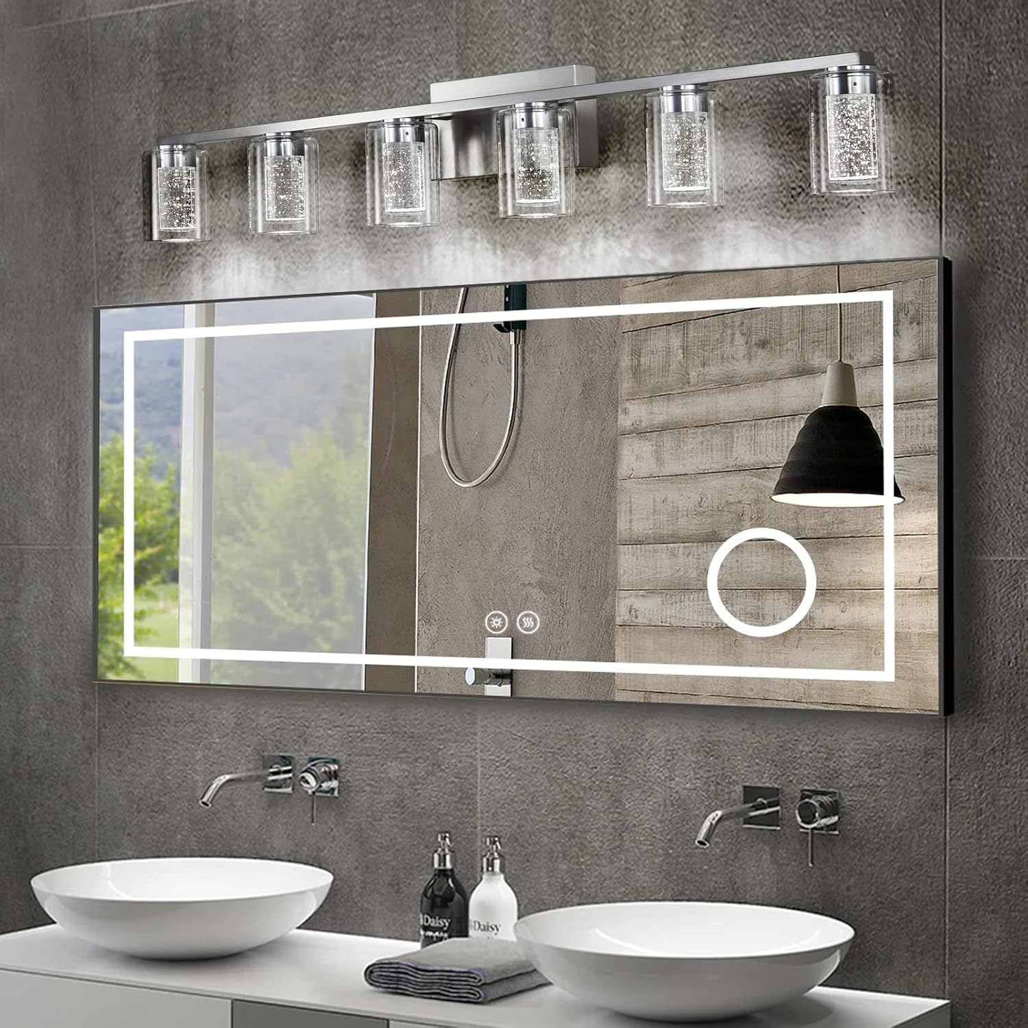 Brushed Nickel 6-Light Vanity Fixtures, Crystal Bubble Glass LED Sconces - Dimmable 3-Color (White/Neutral/Warm) for Bathroom, Hallway, Living Room