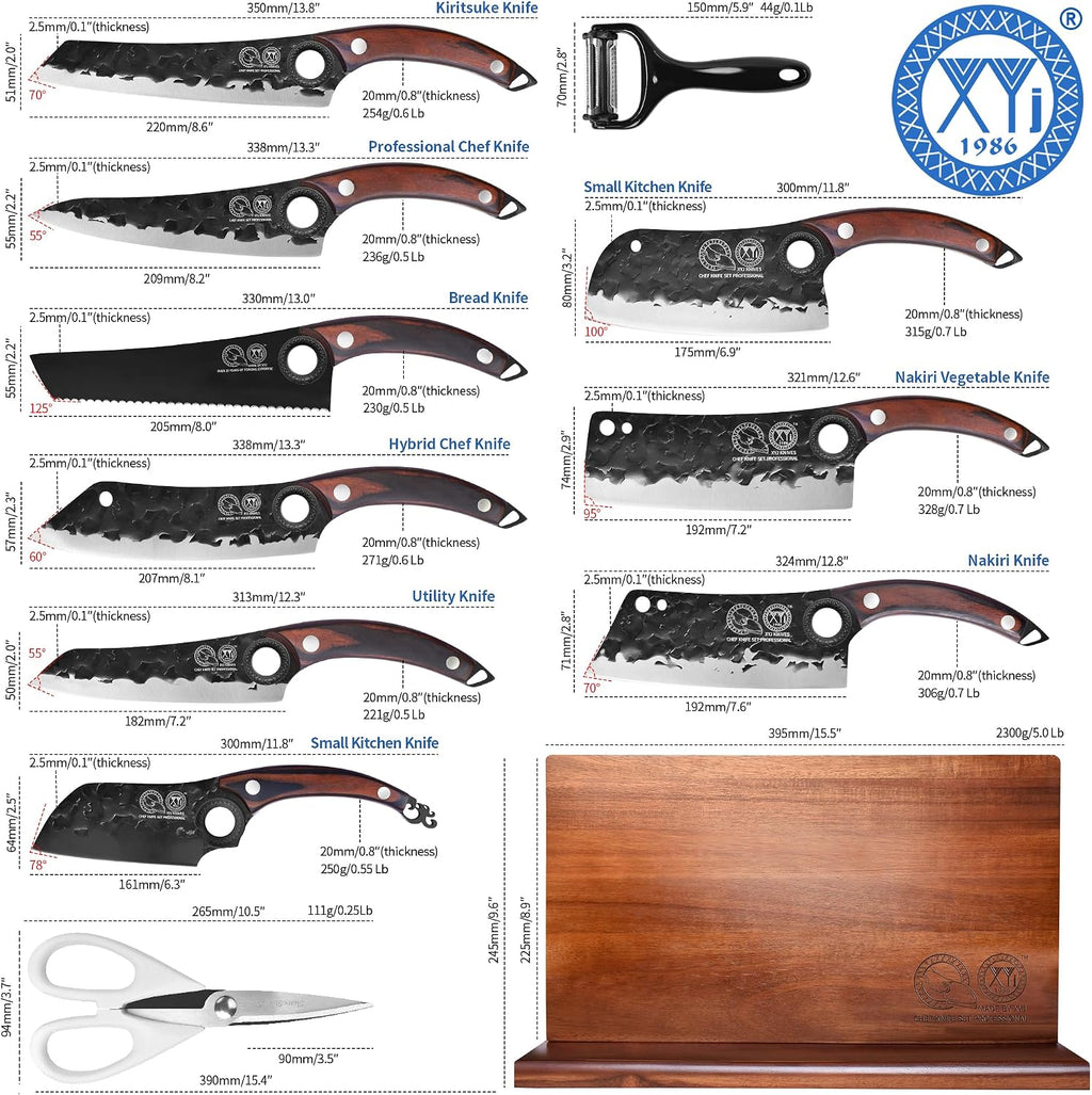 XYJ Authentic Since 1986,Knife Block Set,High Carbon Steel Forged Blades,Kitchen Knives Set with Wooden Magnetic Knife Block,Sharpening Steel,Cutting Board,Cleaver Slicing Knife,Wood Handle