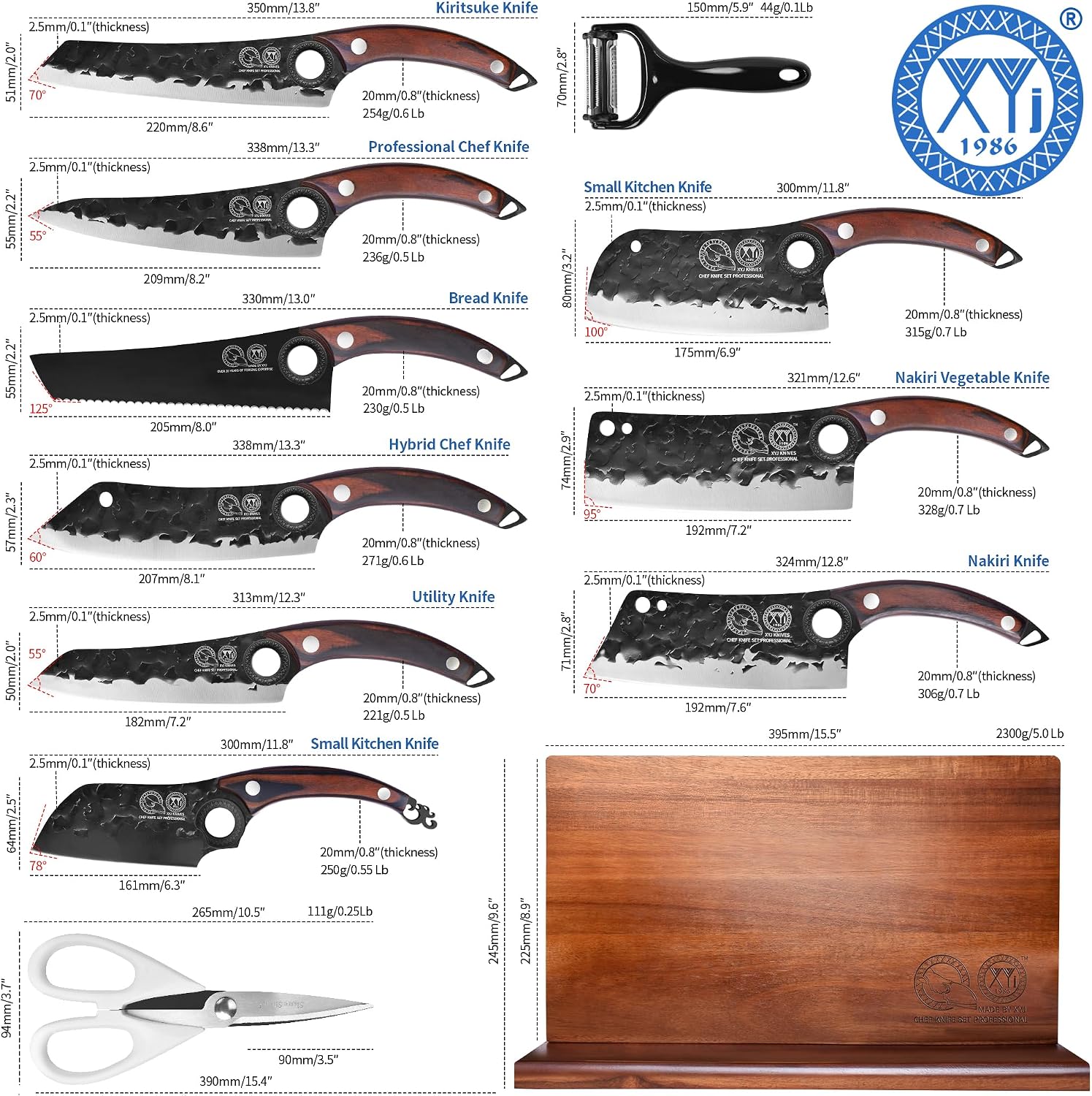 XYJ Authentic Since 1986,Knife Block Set,High Carbon Steel Forged Blades,Kitchen Knives Set with Wooden Magnetic Knife Block,Sharpening Steel,Cutting Board,Cleaver Slicing Knife,Wood Handle