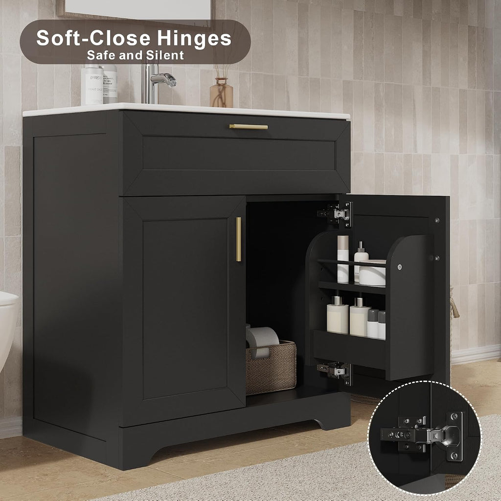 KIGOTY 30' Modern Bathroom Vanity with Ceramic Sink, Wooden Bathroom Storage Cabinet and Sink Combo Set, Freestanding Vanity Sink Cabinet with Faucet, Drawer and Soft-Closing Door (Black)