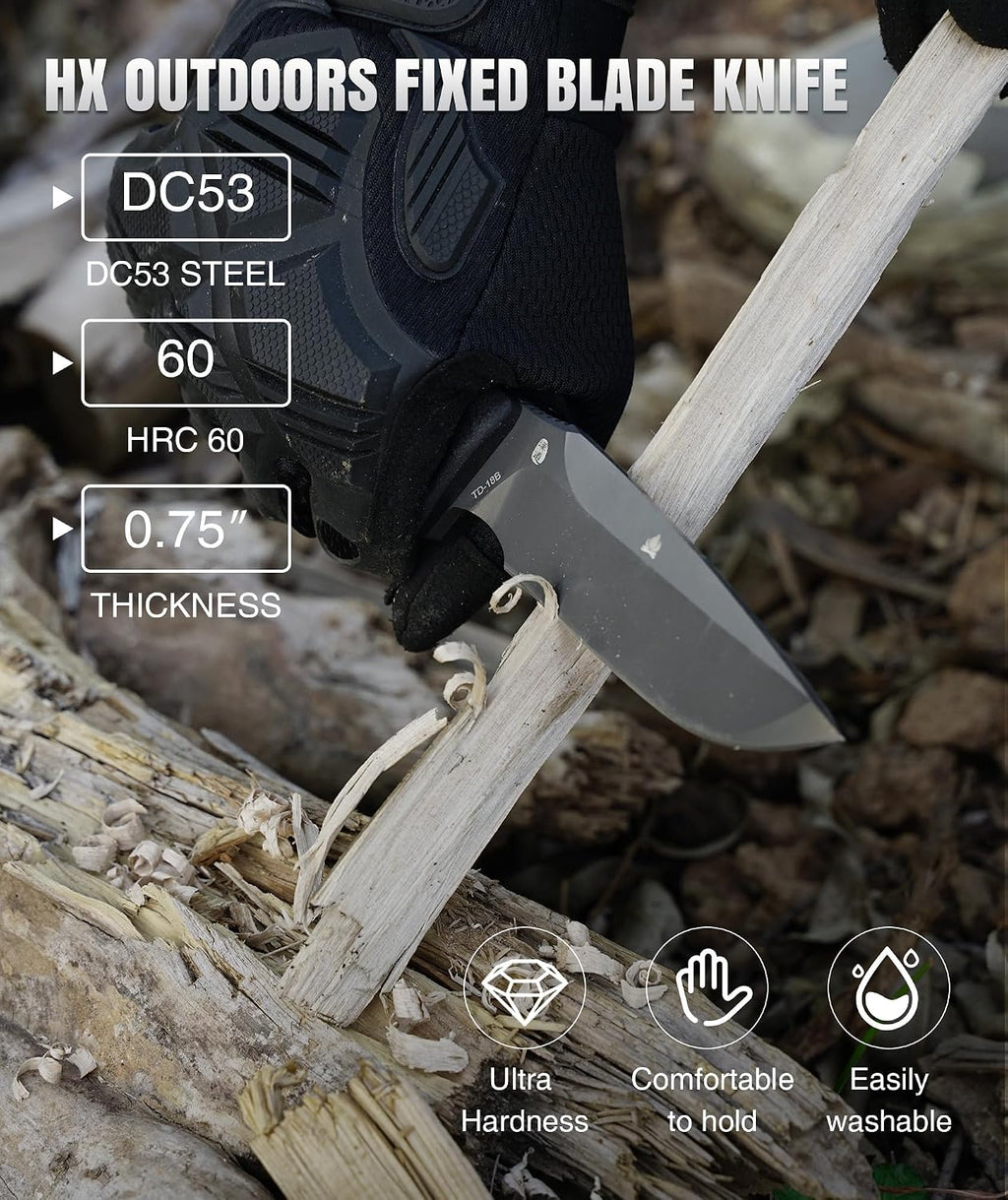 HX OUTDOORS Fixed Blade Camping Knife with Fire Starter, Premium DC53 Steel Full Tang Bushcraft Survival Knife with Kydex Sheath for EDC,Outdoor,Camping,Hiking（Black2