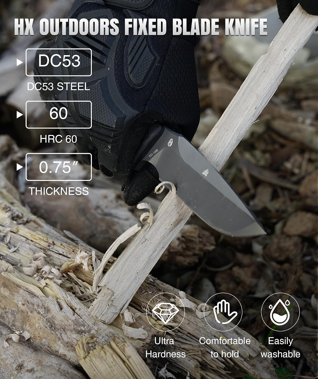 HX OUTDOORS Fixed Blade Camping Knife with Fire Starter, Premium DC53 Steel Full Tang Bushcraft Survival Knife with Kydex Sheath for EDC,Outdoor,Camping,Hiking（Black2