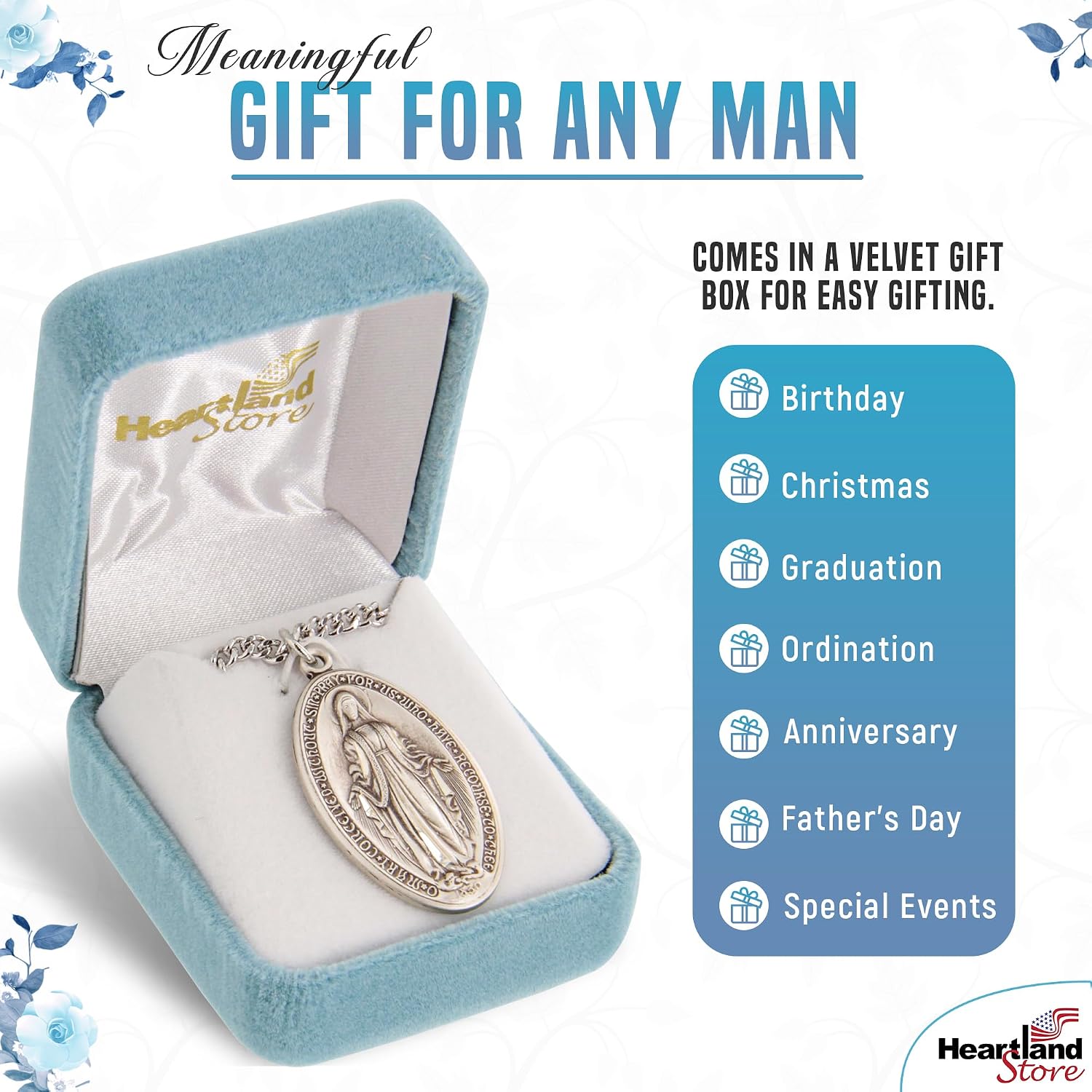 Heartland Store Oval Sterling Silver Miraculous Medal Necklace for Men–Tarnish Resistant, Hand-Finished in USA, Thoughtful Religious Present for Holidays & Special Occasions with Various Chain Sizes