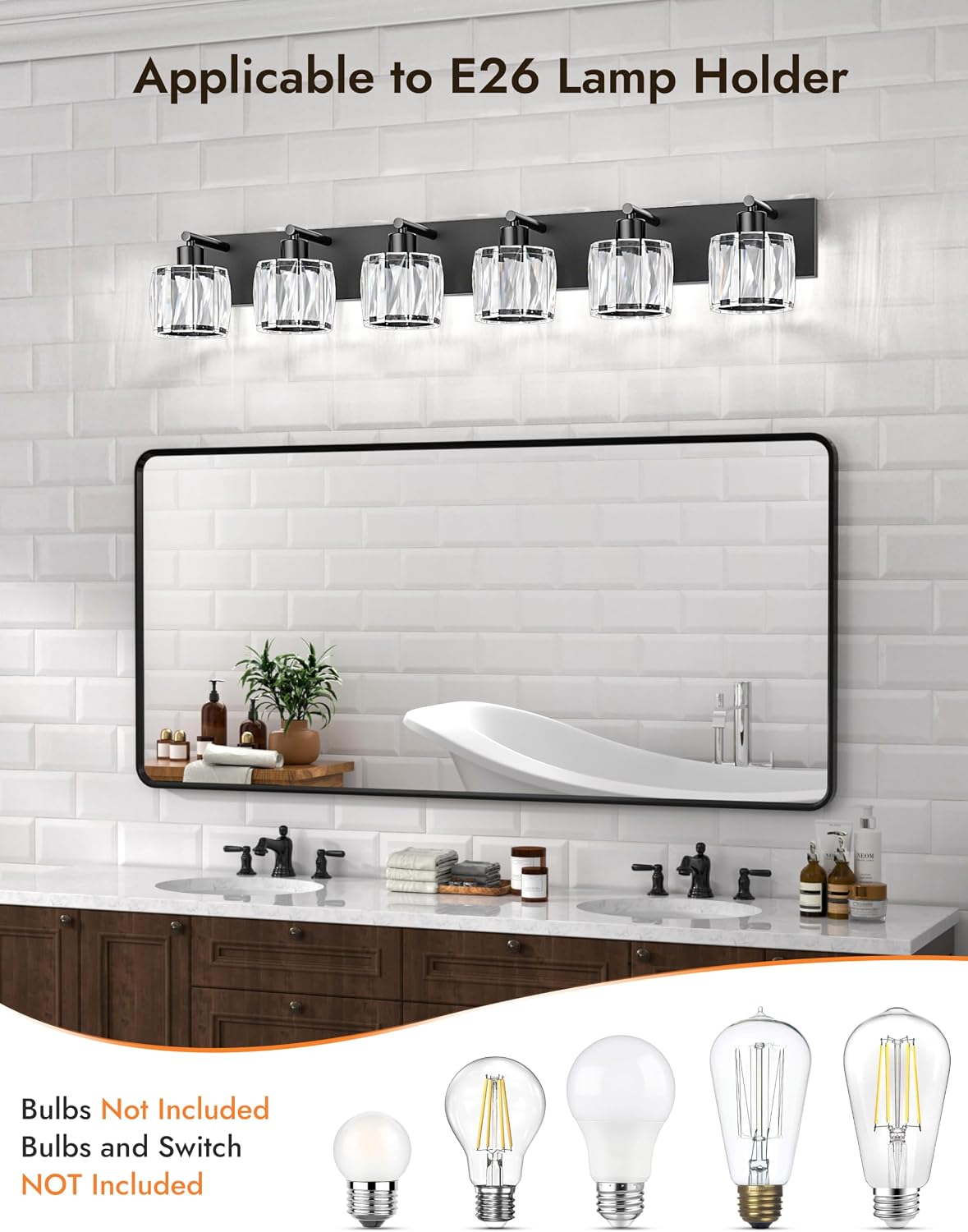 VOLISUN Crystal Vanity Lights for Bathrooms, 6 Light Bathroom Vanity Light, Modern Matte Black Bathroom Light Over Mirror, Black Bathrooms Lights Fixtures-UL Certificated(Exclude Bulb)