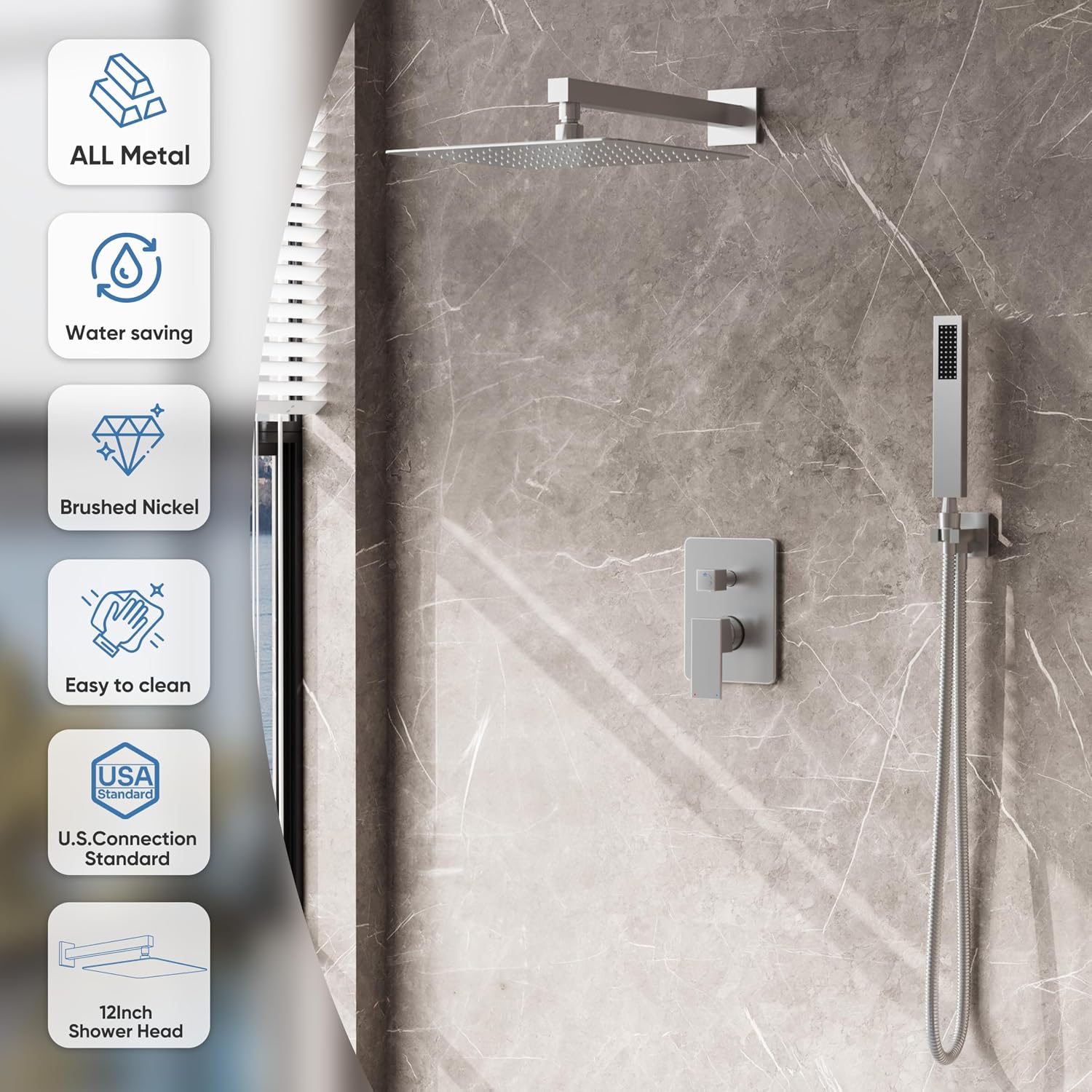 Brushed Nickel Shower System, Shower Faucet Set with 12-Inch Rain Shower Head and Handheld, Wall Mounted High-Pressure Shower Head Combo Set with Shower Valve and Shower Trim, Brushed Nickel