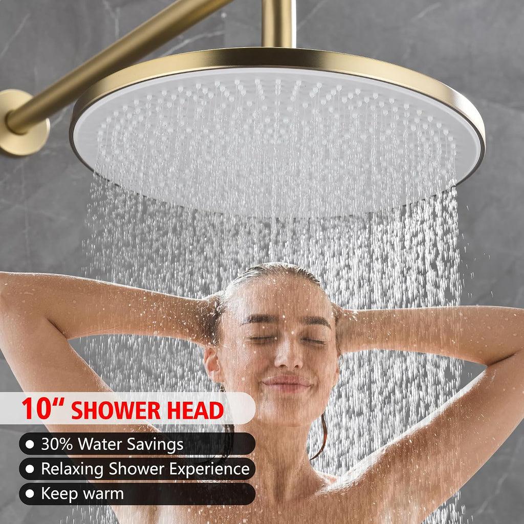 sumerain Rain Shower System with 10 inch Rainfall Shower Head,Brushed Gold Shower Faucet Complete Set with Rough-in Valve and Trim Kit
