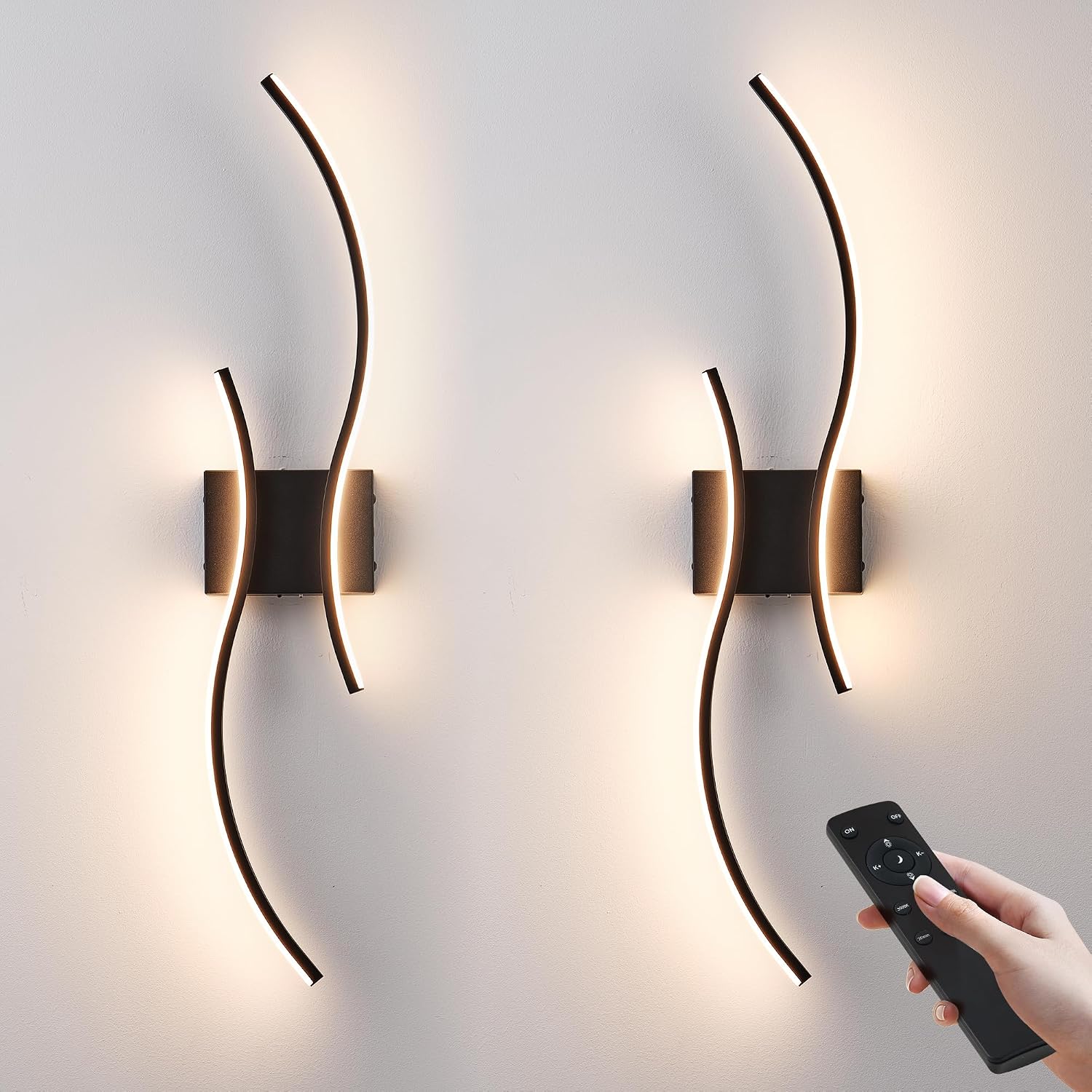 Battery Operated Wall Sconces Set of Two with Remote Control, Battery Wall Light, Stepless Colors 3000K-6000K & Dimming, Black Rechargeable Wall Sconces for Living Room, Hallway, Bedroom, 31.5 Inch