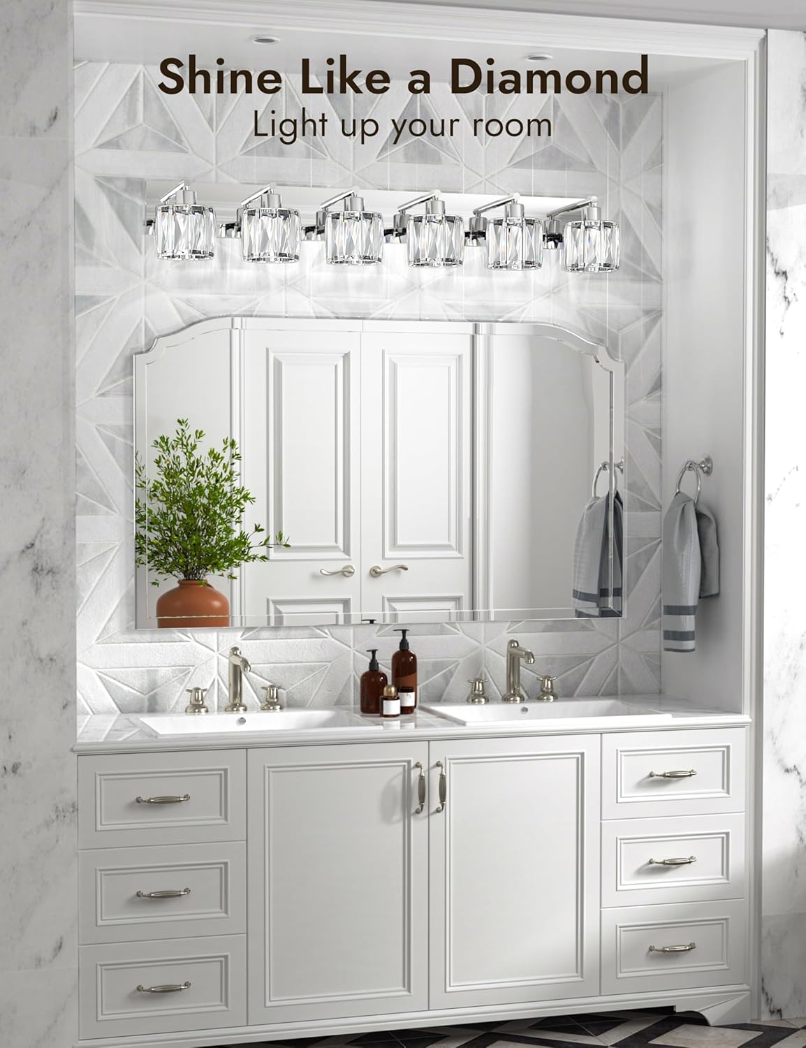 VOLISUN Crystal Vanity Lights for Bathroom, 6 Light Modern Stainless Steel Bathroom Light Fixtures Over Mirror, Chrome Bathrooms Lights Fixtures - UL Certificated (Exclude Bulb)