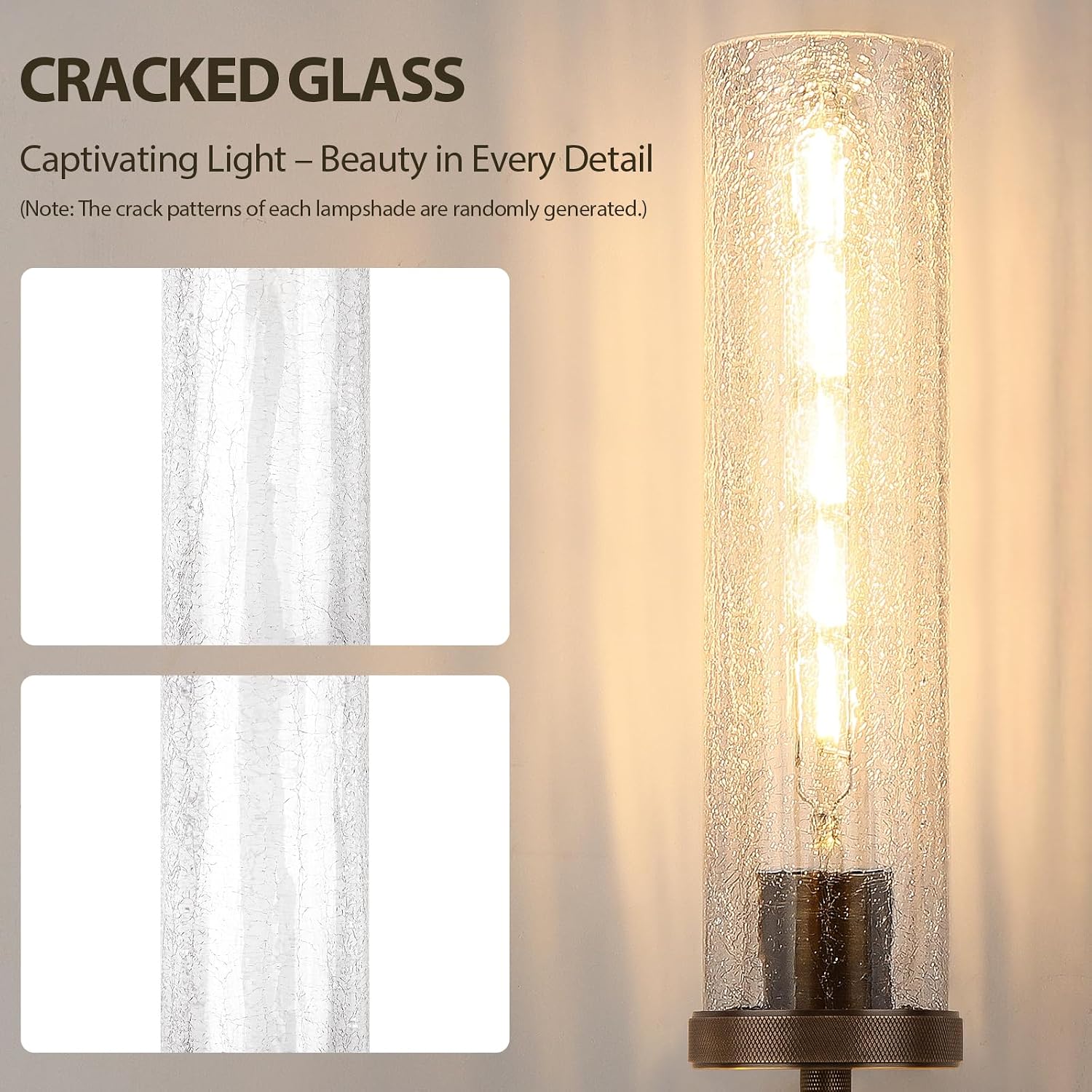 19.5' Knurled Brass Wall Sconces Set of 2, Bronze Bathroom Vanity Light Fixtures with Crackle Glass Tube, Modern Lamp Lighting for Bedroom, Living Room, Hallway, Staircase, Mirror, Kitchen