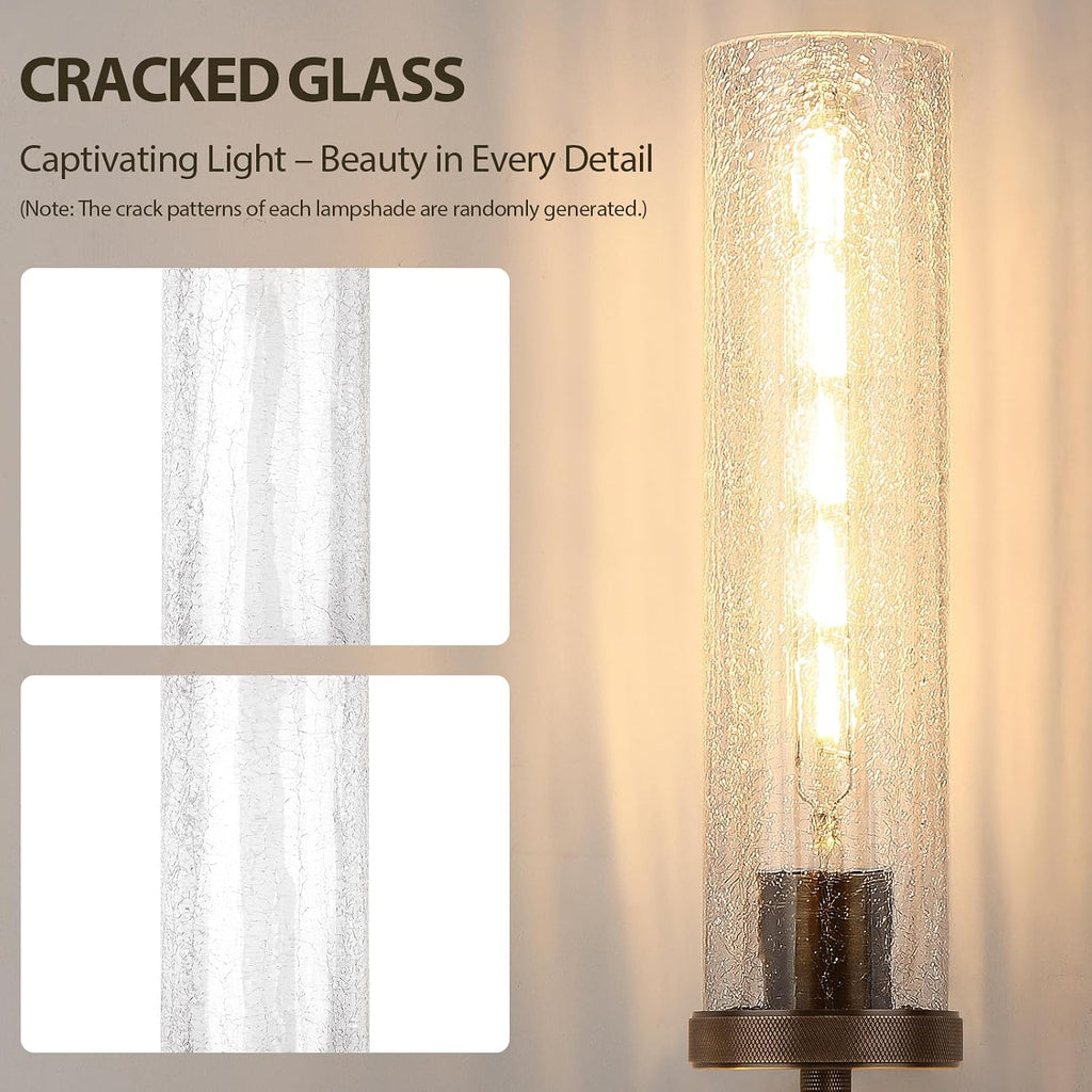 19.5' Knurled Brass Wall Sconce with Crackle Glass Tube, Bronze Bathroom Vanity Light Fixtures, Modern Lamp Lighting for Bedroom, Living Room, Hallway, Staircase, Mirror, Kitchen