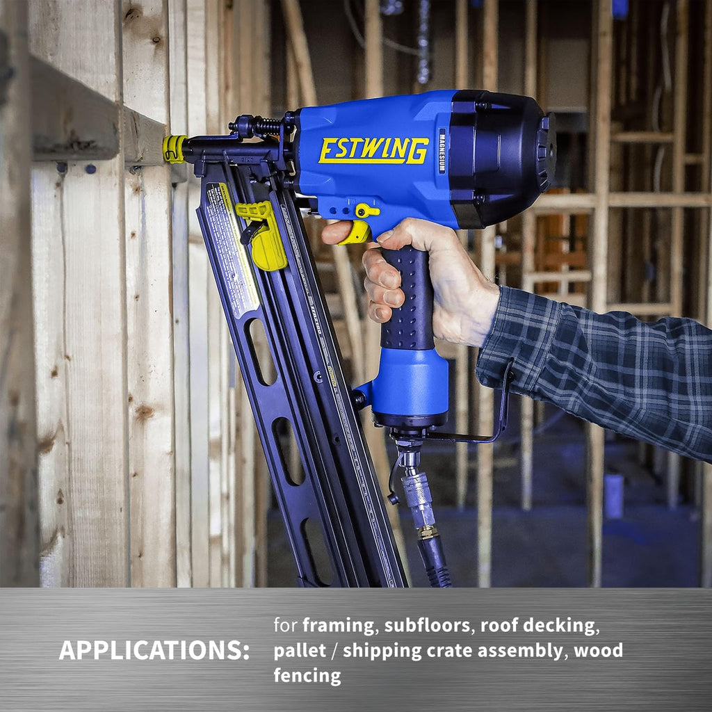 Estwing Pneumatic 21 Degree Framing Nailer, 2'–3-1/2' Framing Nails, Lightweight Magnesium Nail Gun with Depth Adjustment, Dual Trigger & Swivel Fitting, Includes Belt Hook & Carry Bag, EFR2190