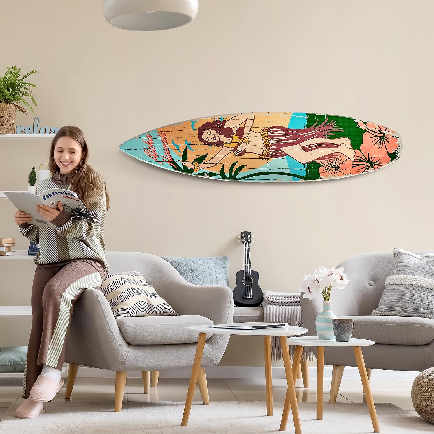 American Art Decor Aloha Hawaii Surfboard Plaque Wall Sign - 60'x15'