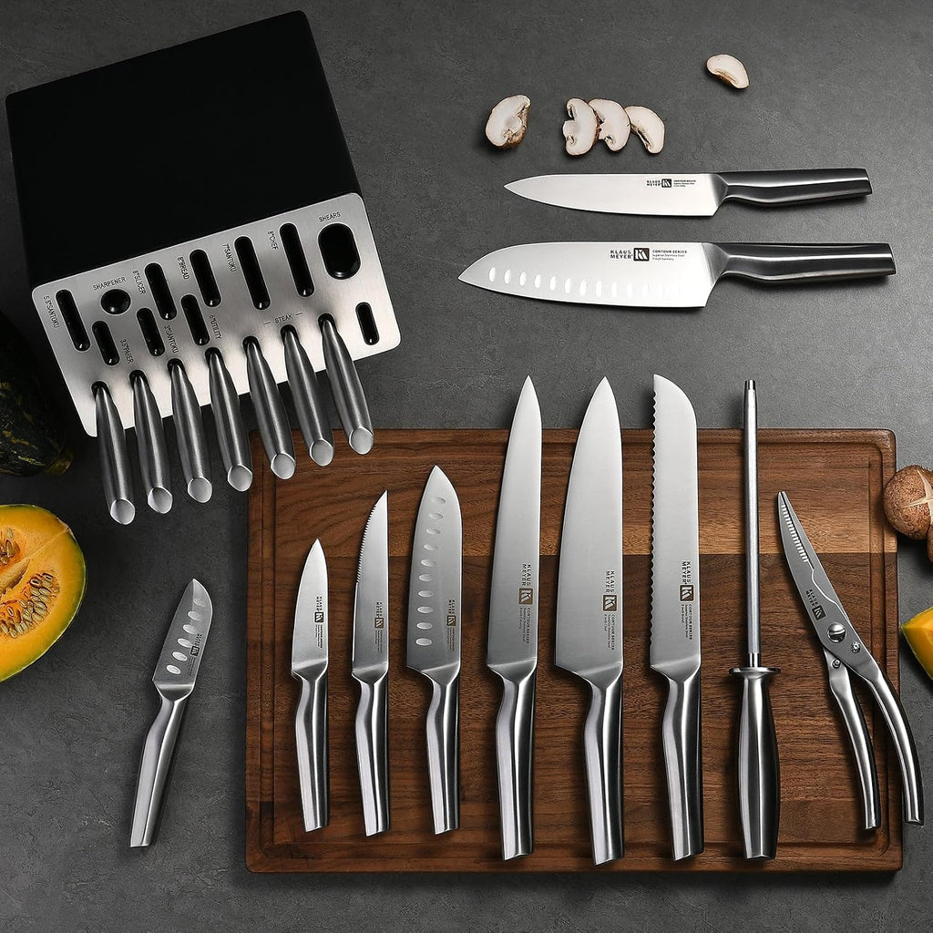 Klaus Meyer 19 Piece Contour High Carbon Stainless Steel Kitchen Knife Set with Knife Sharpener Non-Slip Handles Knife Set with Block