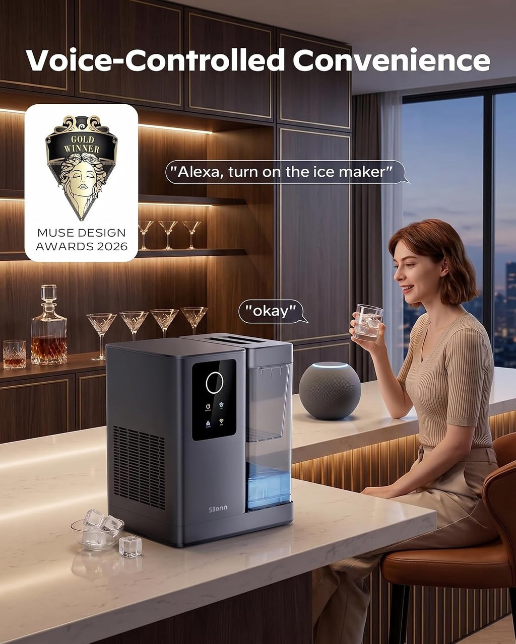 Silonn Countertop Nugget Ice Maker with App & Voice Control, Automatic Self-Cleaning Ice Machine, 3L Large Tank, 40 lbs/24H Chewable Soft Ice, Portable Pebble Ice Maker for Home, Kitchen & Party