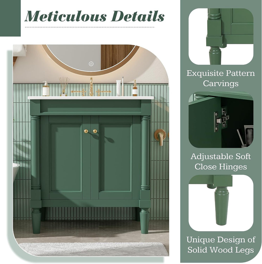 Virubi 30 Inch Small Bathroom Vanity with Sink and 2-Door Cabinet, Modern Bathroom Storage Cabinet with Adjustable Shelf and Soft-Close Door, Solid Wood Frame(Green)