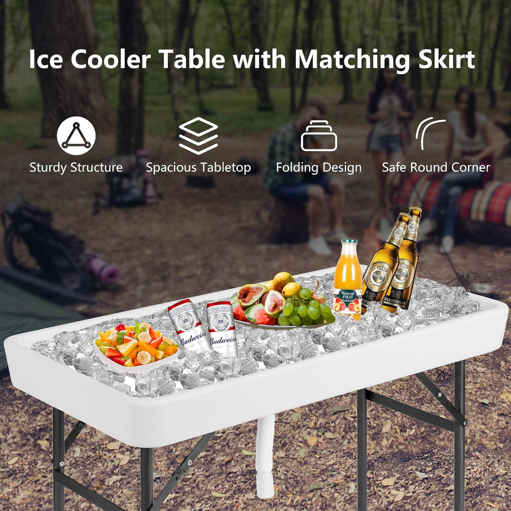 COSTWAY 4FT Cooler Table, Folding Ice Table for Parties with Drain & Bucket & Removable Skirt, Ideal for Tailgate, BBQ & Picnic