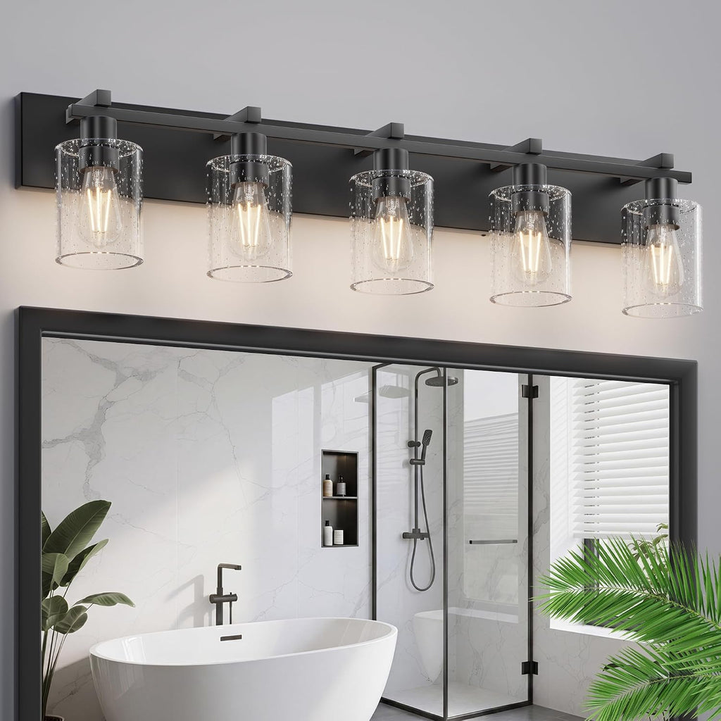 5-Light Bathroom Light Fixtures, Bubble Black Modern Vanity Lights with Clear Glass Shade, Wall Sconce Lighting for Mirror Kitchen Living Room Hallway Cabinet Porch