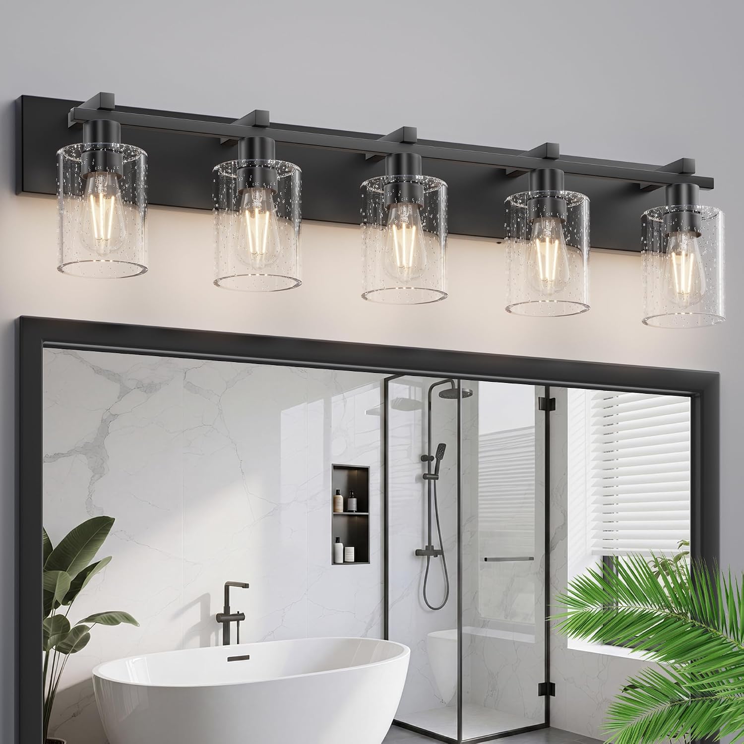 5-Light Bathroom Light Fixtures, Bubble Black Modern Vanity Lights with Clear Glass Shade, Wall Sconce Lighting for Mirror Kitchen Living Room Hallway Cabinet Porch