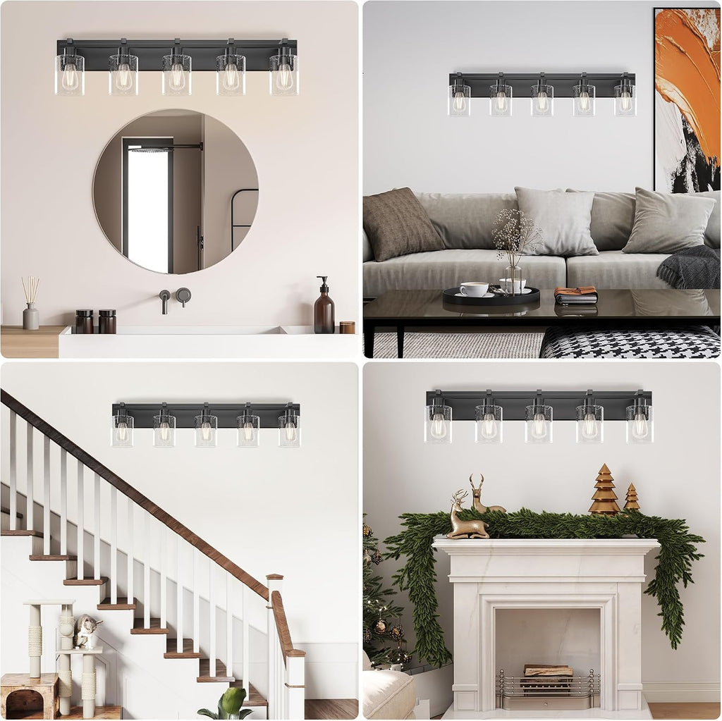 5-Light Bathroom Light Fixtures, Bubble Black Modern Vanity Lights with Clear Glass Shade, Wall Sconce Lighting for Mirror Kitchen Living Room Hallway Cabinet Porch
