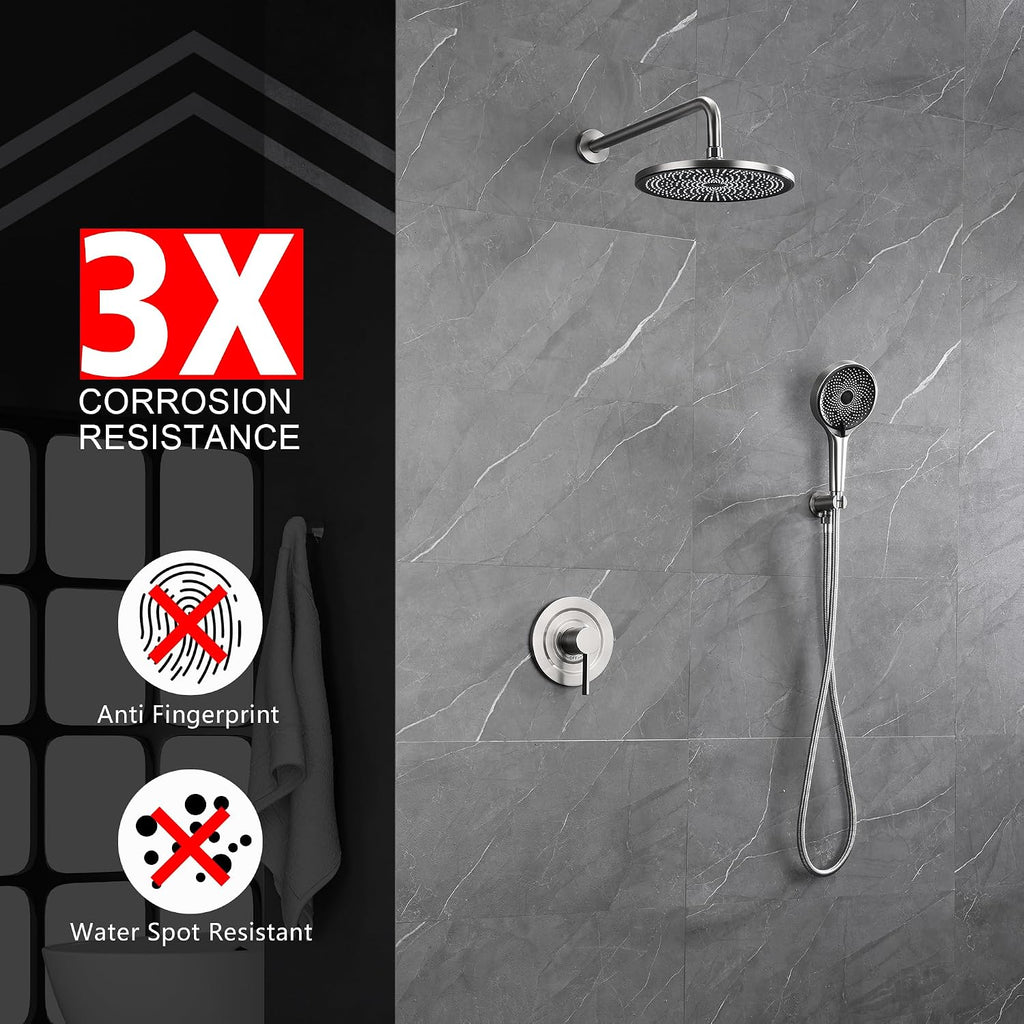 sumerain Concealed Shower Faucet Sets with 10 inch Rainfall Shower Head, Brushed Nickel Shower Fixtures with Rough-in Valve and Trim Kit