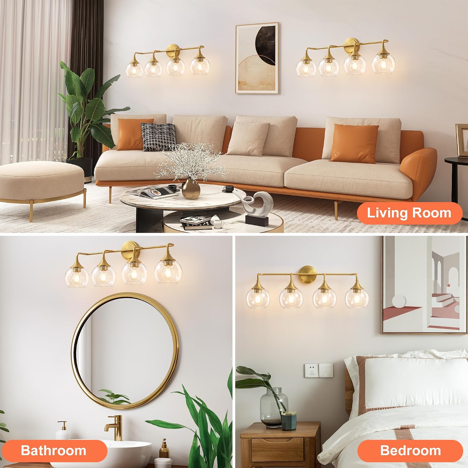 Bathroom Vanity Light Gold, 4 Light Bathroom Light Fixtures Over Mirror with Clear Glass Shade, 31 inch Vanity Lights for Bathroom Farmhouse (Exclude E26 Bulb)