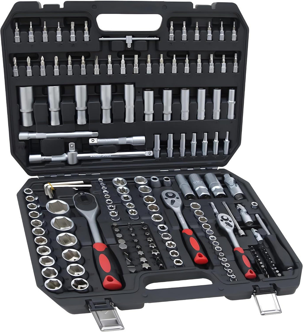 171 Pieces Socket Set, 1/4 and 3/8 Inch Drive Mechanic Tool Set, Motorcycle Tool Kit with Ratchet Handle, Universal Joint, Extension Bar, Home Auto Repair Set (171p)