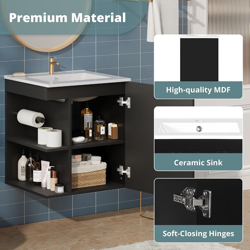 20 Inch Wall Mounted Bathroom Vanity with Sink Top,Small Floating Bathroom Vanity with Side Shelves & Toilet Paper Holder,Compact Storage with Soft Closing Door,Herringbone Front,Black