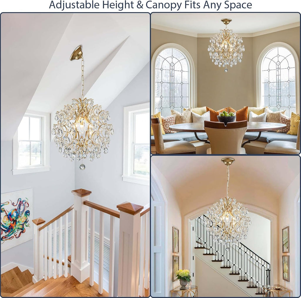 Bestier Modern Gold Pendant Chandelier Crystal Raindrop Lighting Ceiling Light Fixture Lamp for Dining Room Bathroom Bedroom Livingroom entryway 3 E12 Bulbs Required D16 in x H18 in