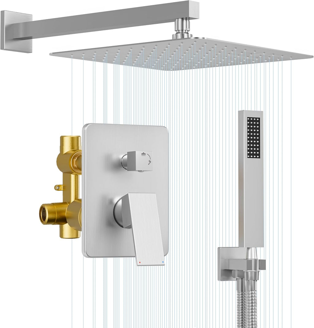 Brushed Nickel Shower System, Shower Faucet Set with 12-Inch Rain Shower Head and Handheld, Wall Mounted High-Pressure Shower Head Combo Set with Shower Valve and Shower Trim, Brushed Nickel