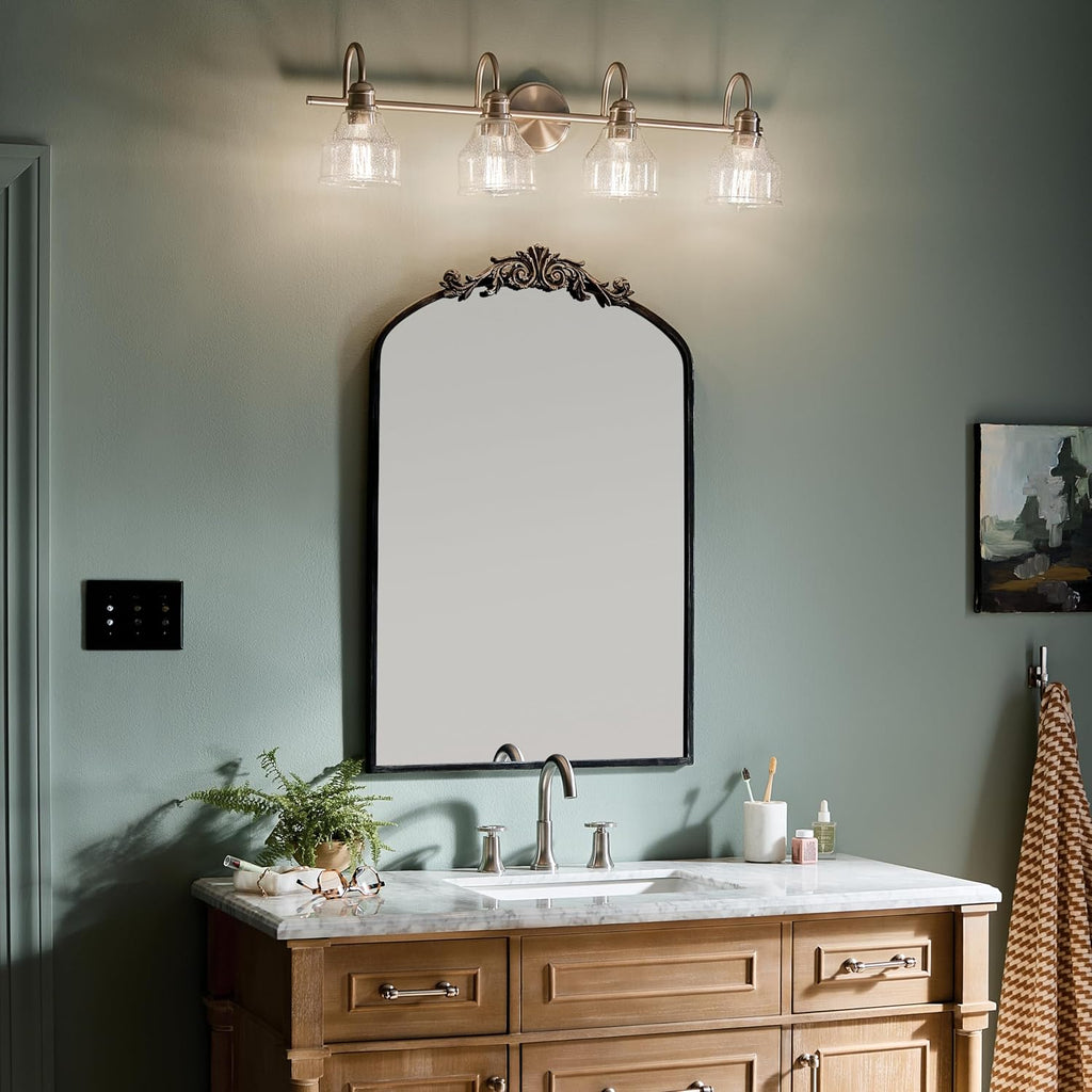 Kichler Avery 33.25' 4 Light Bathroom Vanity Light in Brushed Nickel, Vintage Bathroom Wall Mount Fixture with Clear Seeded Glass, (33.25' W x 9.25' H), 45974NI