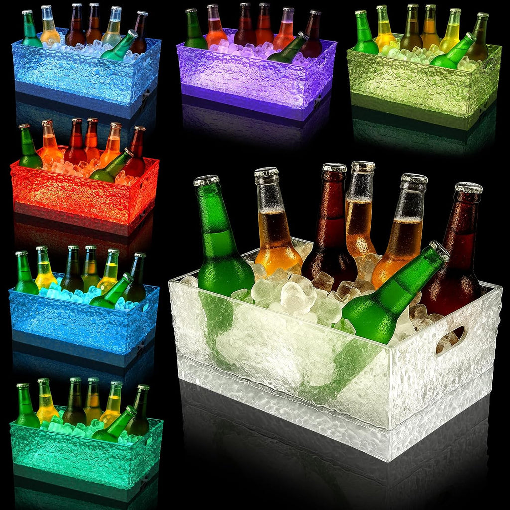 Reallnaive 6 Pcs 15 L Plastic Ice Bucket for Parties, Large Clear Beverage Tub with 7 Colors LED Light up Remote Leakproof Champagne Bucket for Beer Wine Drink Bars Club Hosting Party