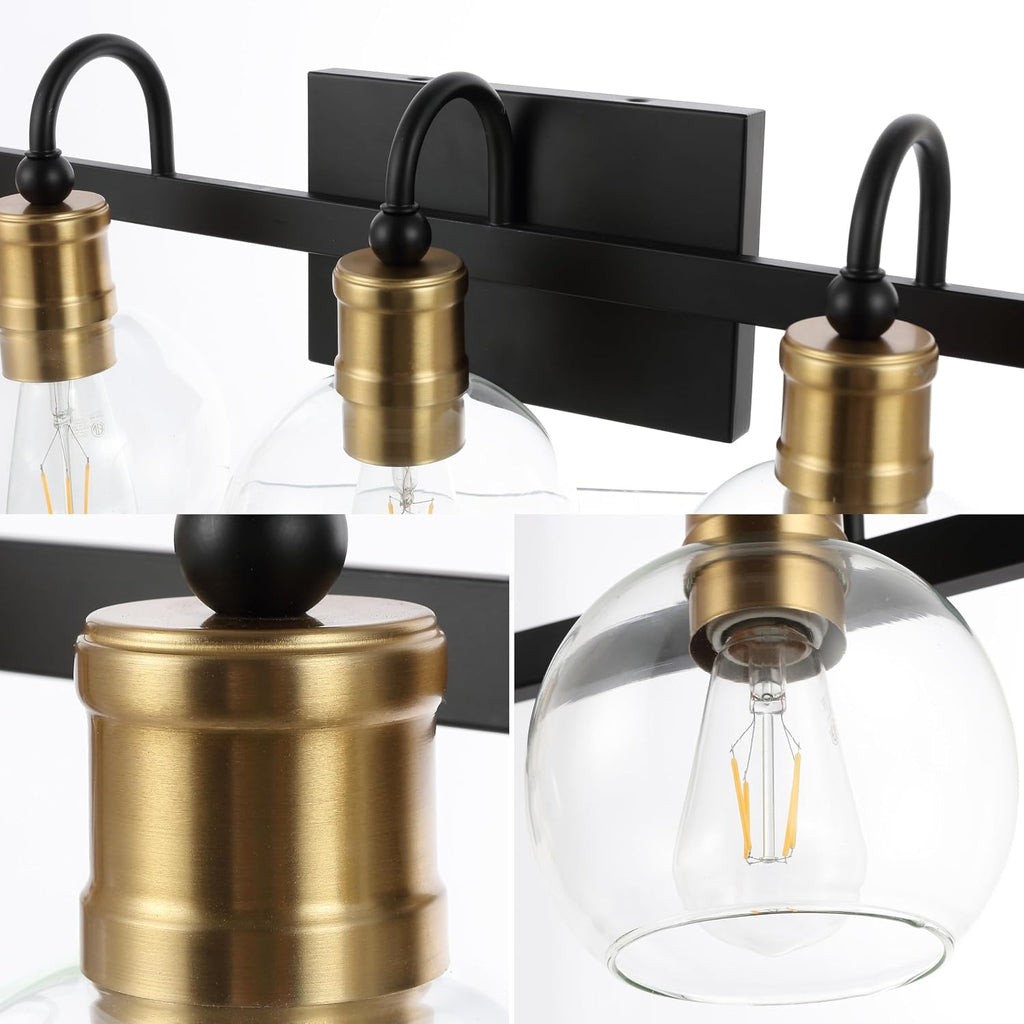 JONATHAN Y 36.5' Black/Brass Gold Vintage Wall Sconce, LED Vanity Light for Bathroom Bedroom Entryway, Clear Glass Globe Shade, Modern Industrial Arched Lamp, LED Bulb Included (JYL3556A)