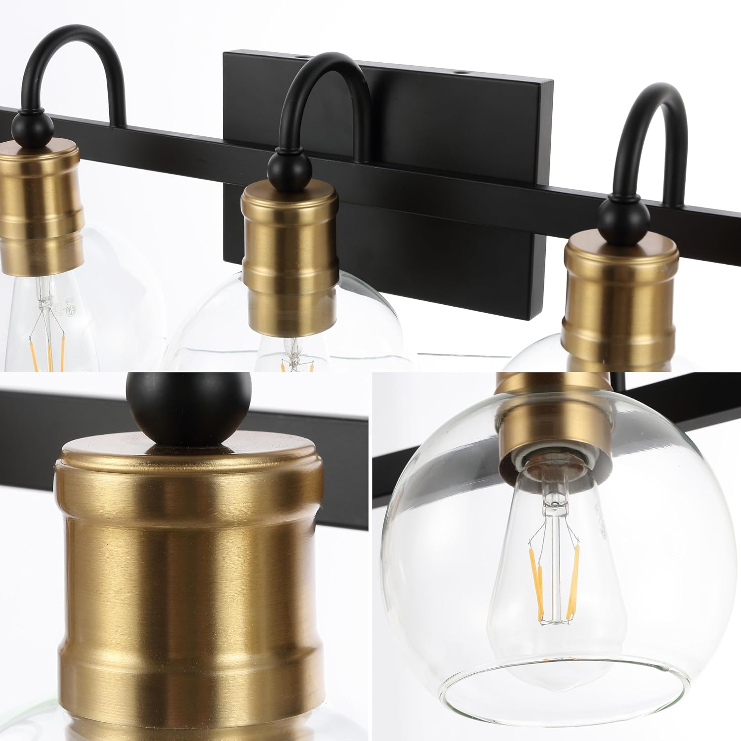 JONATHAN Y 36.5' Black/Brass Gold Vintage Wall Sconce, LED Vanity Light for Bathroom Bedroom Entryway, Clear Glass Globe Shade, Modern Industrial Arched Lamp, LED Bulb Included (JYL3556A)