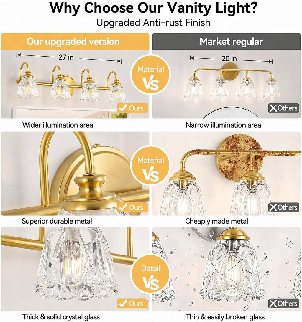 Bathroom Light Fixtures, 4 Light Brushed Gold Vanity Lights for Bathroom with Clear Tulip Crystal Glass Shade, 27 in Vintage Bathroom Vanity Lights Over Mirror for Bedroom, Living Room, Hallway