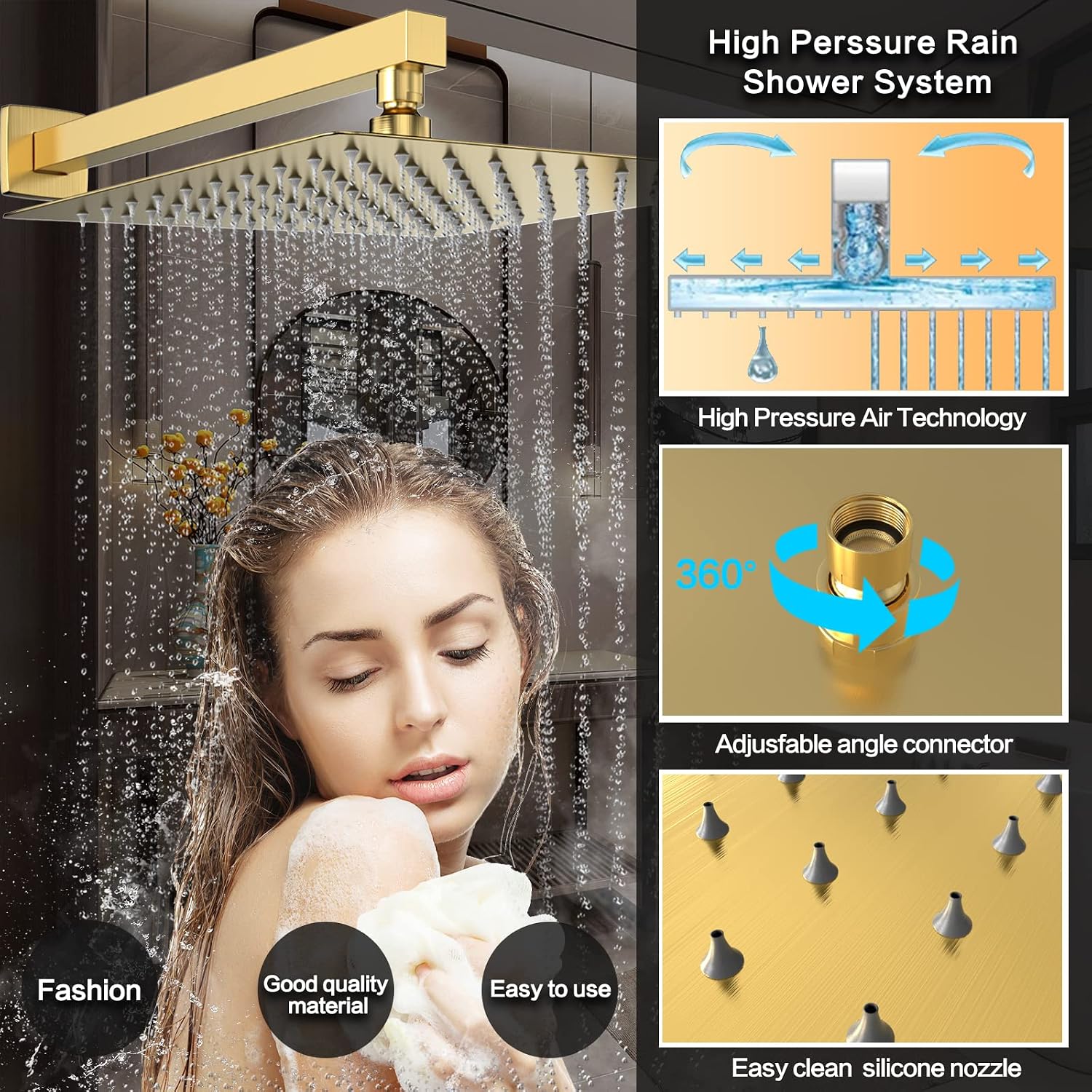Rain Shower System 12 Inches Shower Head with Handheld Combo Set for Bathroom,High Pressure Rainfall Shower Faucet Set Wall Mounted,Rough-in Valve and Trim Kit(Brushed Gold)