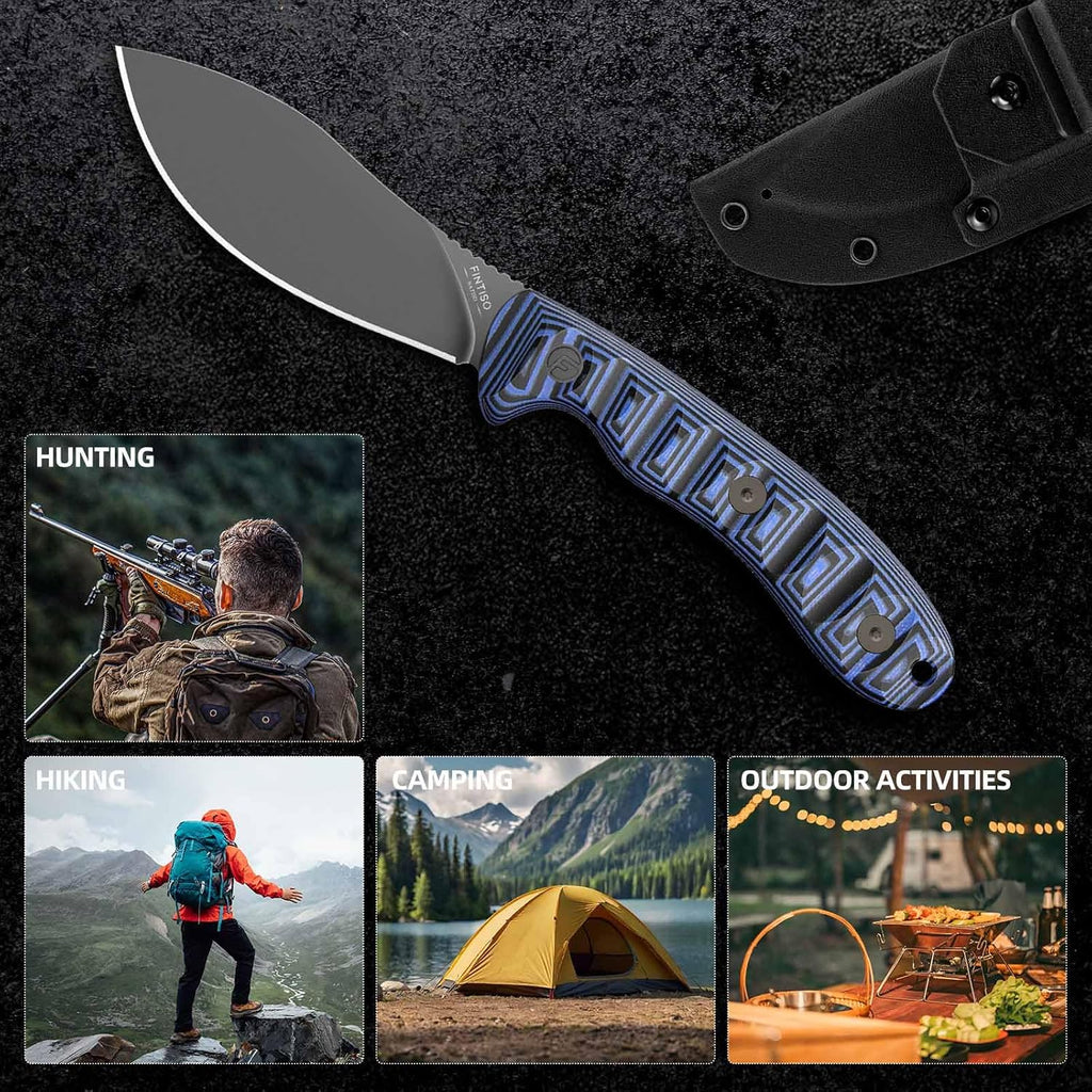 FINTISO Nazar Fixed Blade Knife with Kydex Sheath, 4.24' 14C28N Blade Blue & Black G10 Handles, Titanium-coated, Full Tang Design, Lanyard, for Men Outdoor Activities, Camping, Hiking, EDC Carry.