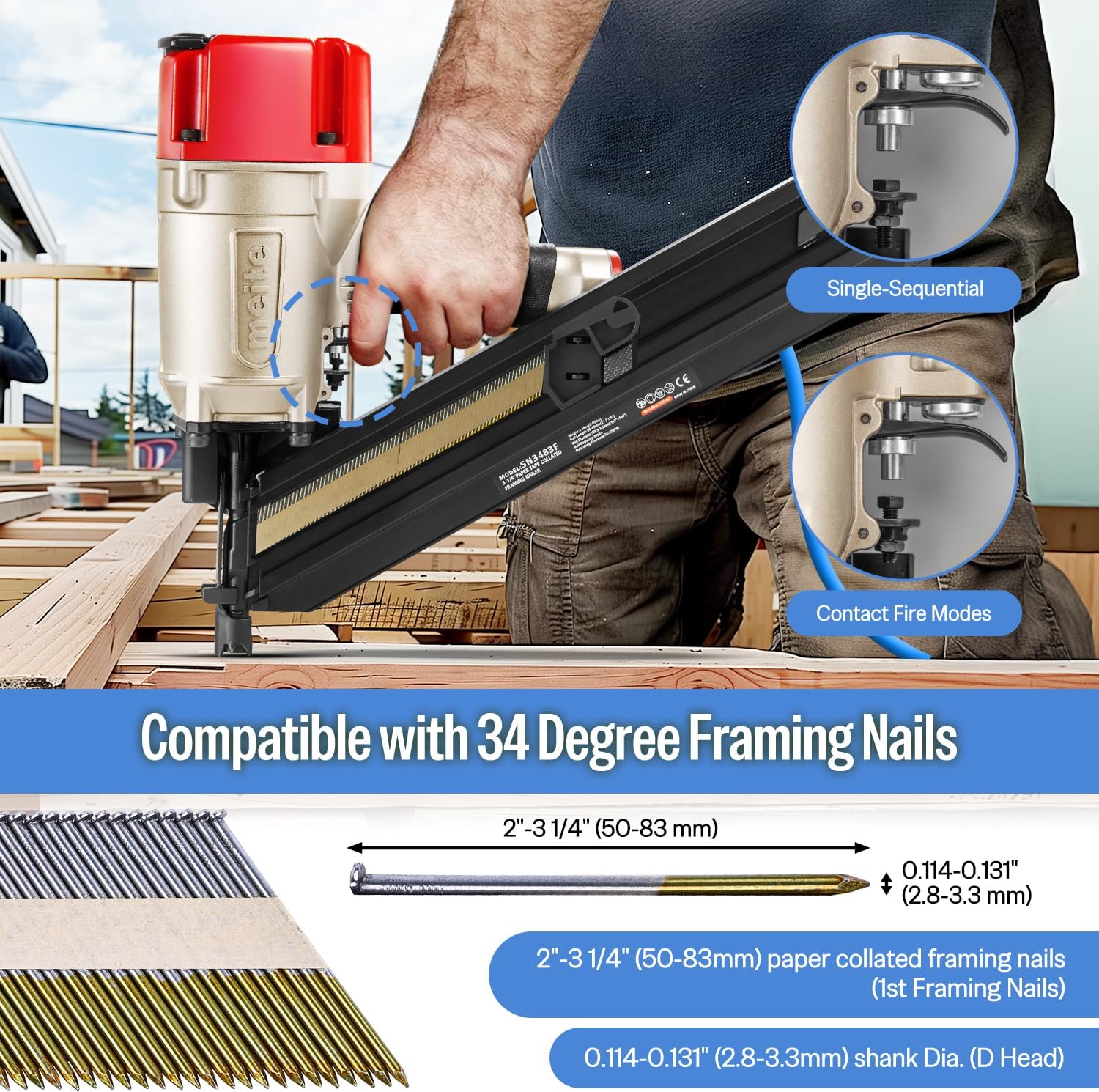 meite SN3483F 30 Degree Framing Nailer Pneumatic Nail Gun, Accepts 30-34 Degree 2' to 3-1/4' Paper Collated Framing Nails, Pro-grade Air-powered Framing Nail Gun Tools for Wall Studs Sheathing Decking