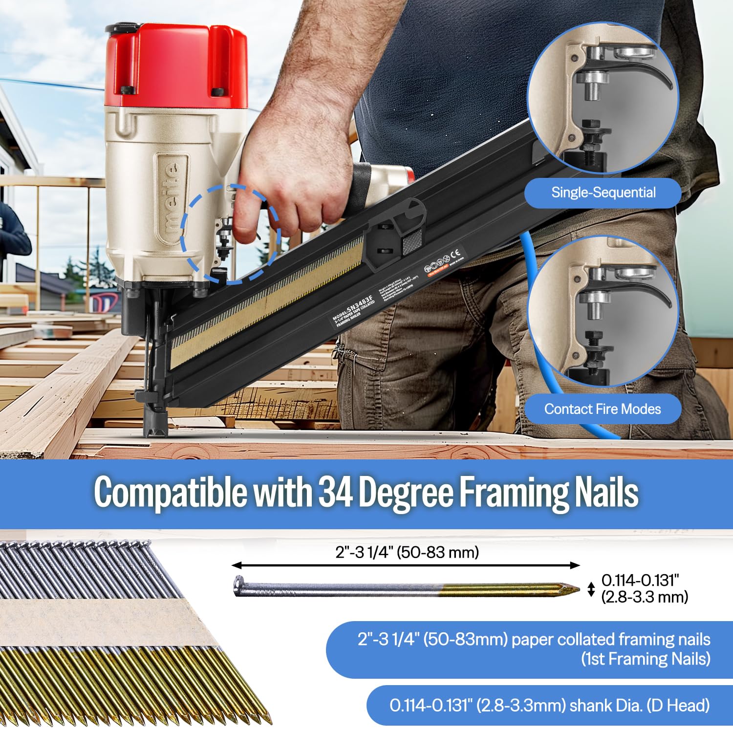 meite SN3483F 30 Degree Framing Nailer with 3 Inch Framing Nails, Galvanized Paper Collated Framing Nails Smooth Shank for Wall Stud Sheathing Decking 2,000PCS