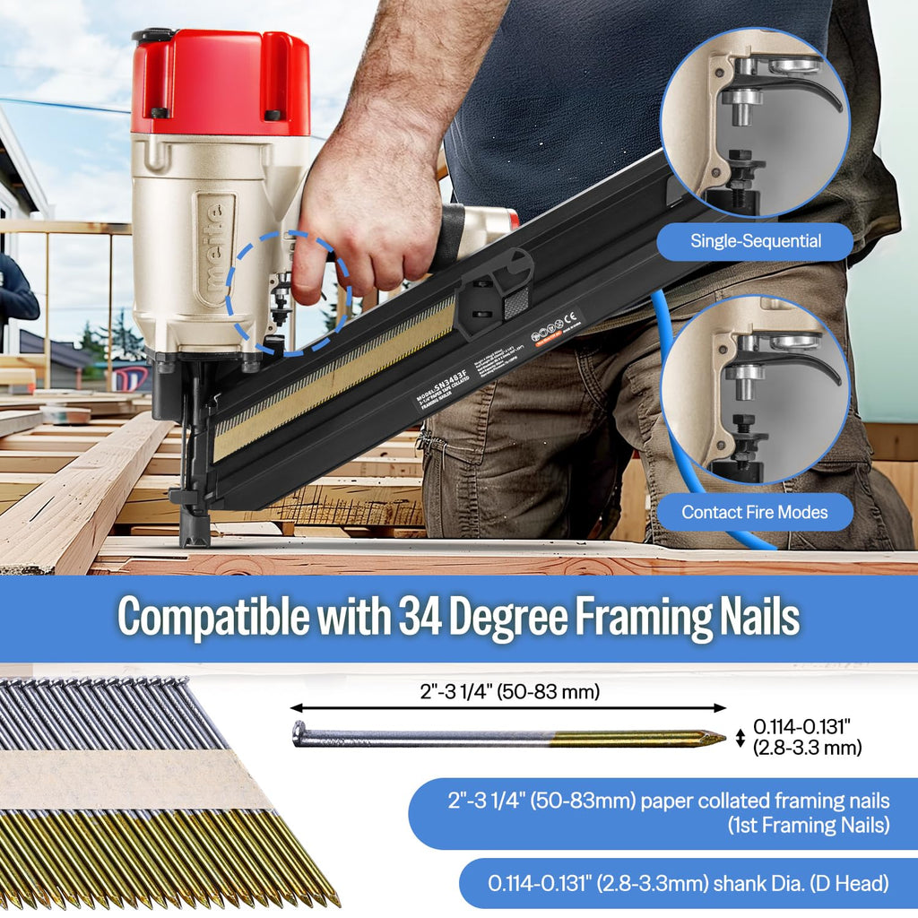 meite SN3483F 30 Degree Framing Nailer with 2-3/8 Inch Framing Nails, Galvanized Paper Collated Framing Nails Smooth Shank for Wall Stud Sheathing Decking 2,000PCS