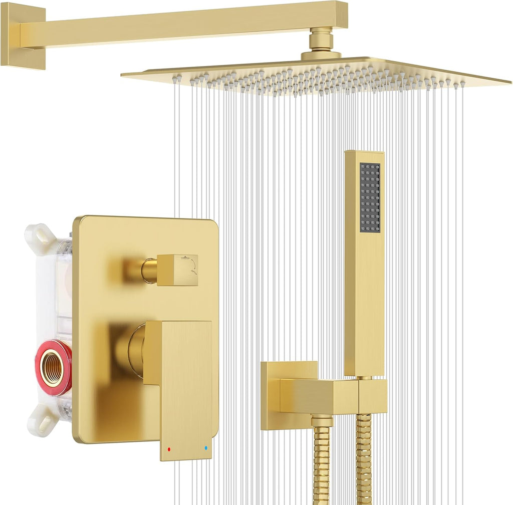 ESNBIA Gold Shower System, 12 Inches Shower faucet Set with Pressure Balance Shower Valve, High Pressure Gold Shower Head and Handle Set, Wall Mounted Shower Fixtures, Brushed Gold