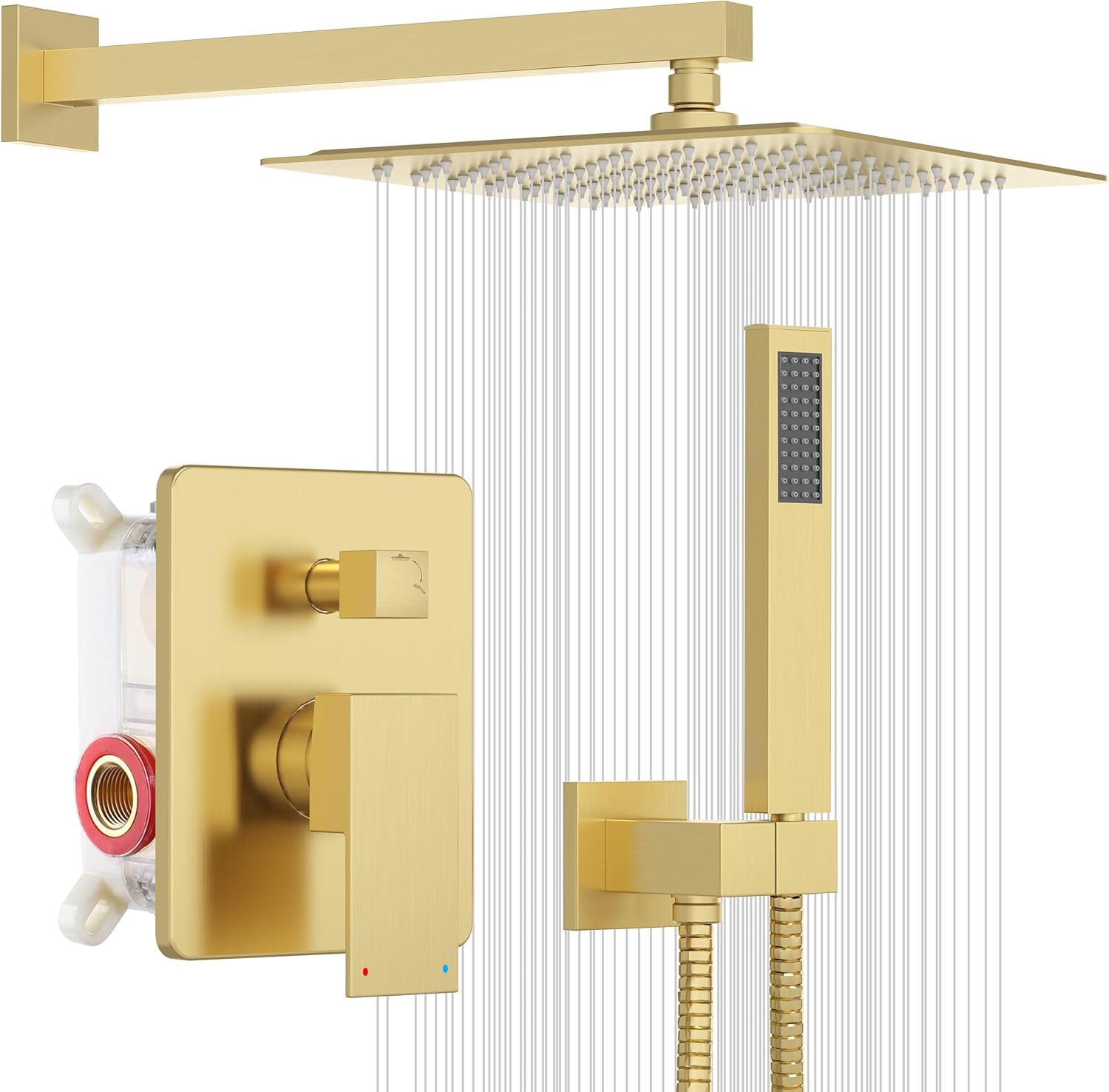 ESNBIA Gold Shower System, 12 Inches Shower faucet Set with Pressure Balance Shower Valve, High Pressure Gold Shower Head and Handle Set, Wall Mounted Shower Fixtures, Brushed Gold